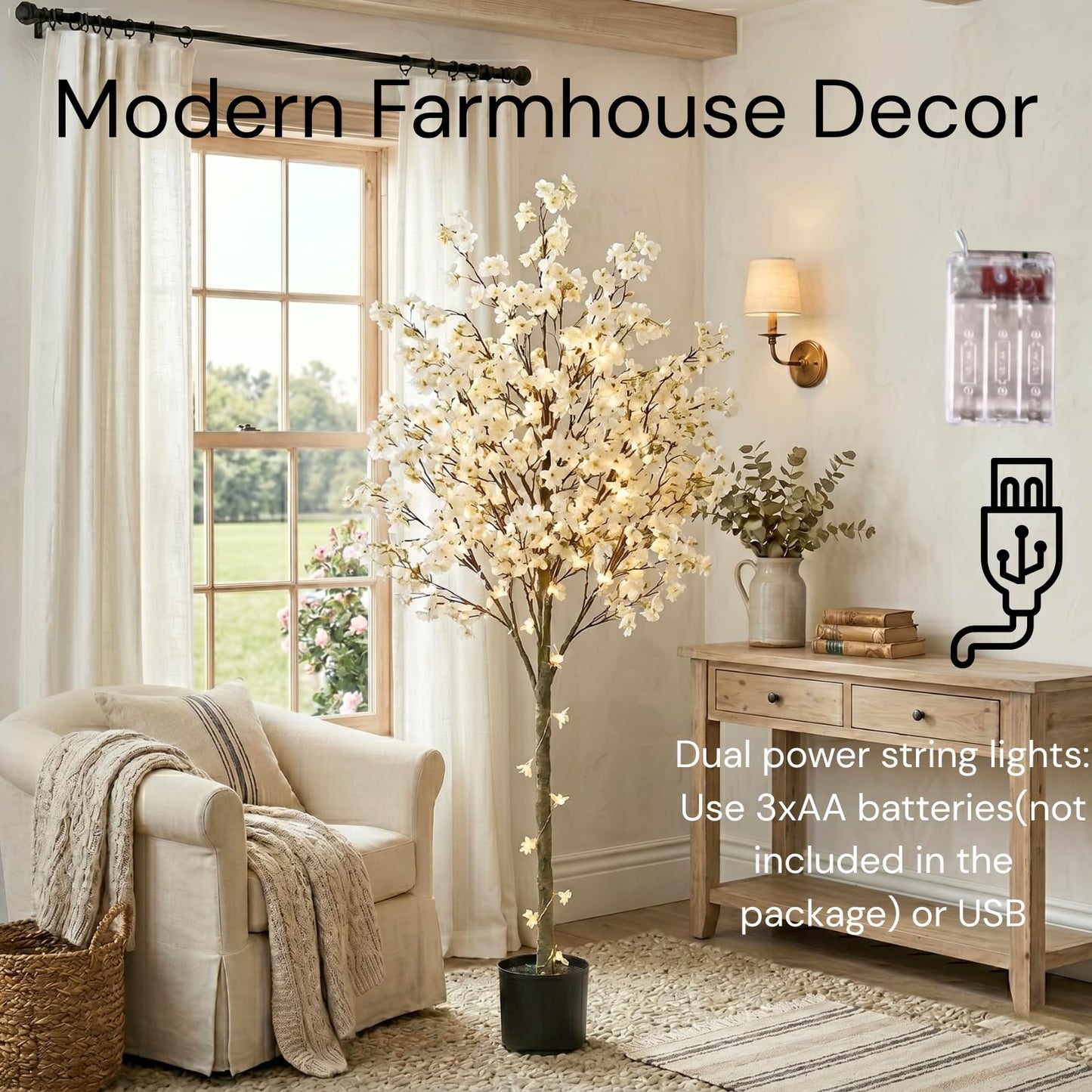 Artificial Cherry Blossom Tree with Lights 6ft Tall, White Faux Cherry Blossom Tree Indoor with LED String Lights, Japanese Sakura Tree for Living Room Office Home Decor