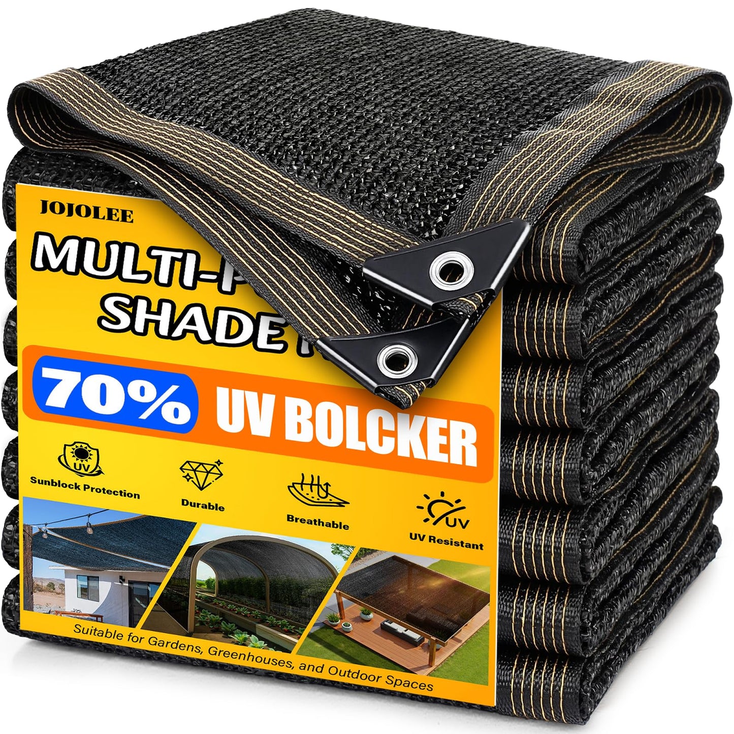 JOJOLEE 70% Sun Shade Cloth, 10x20FT Shade Net Mesh Tarp with Grommets, Black Sunblock Cover for Outdoor Patio Plants, Pergola, Greenhouse, Chicken Coop, Backyard, Balcony