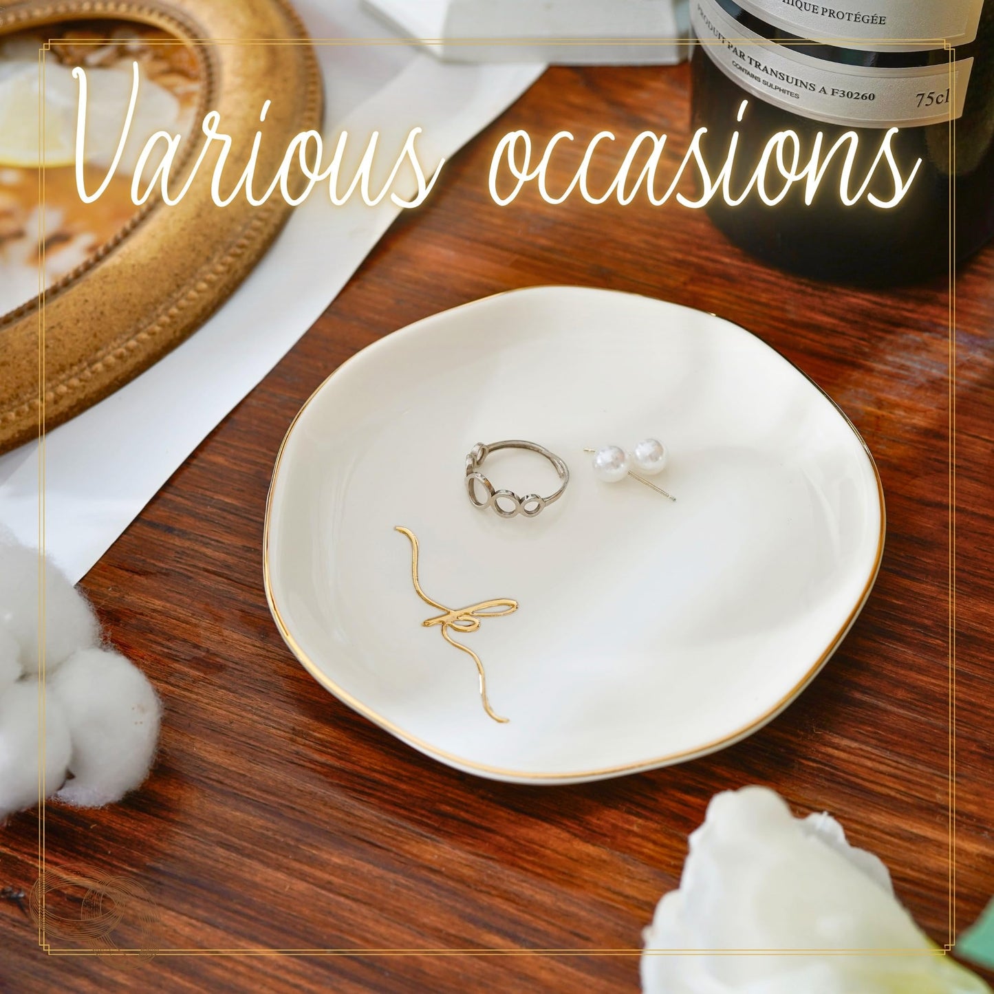 InnoBeta Ceramic Jewelry Tray, Decorative Trinket Dish for Rings Earrings Necklaces Bracelet Watch Keys, Birthday for Women, Mother's Day Christmas Gift for Women, 4.75", White Surface Gold (J)