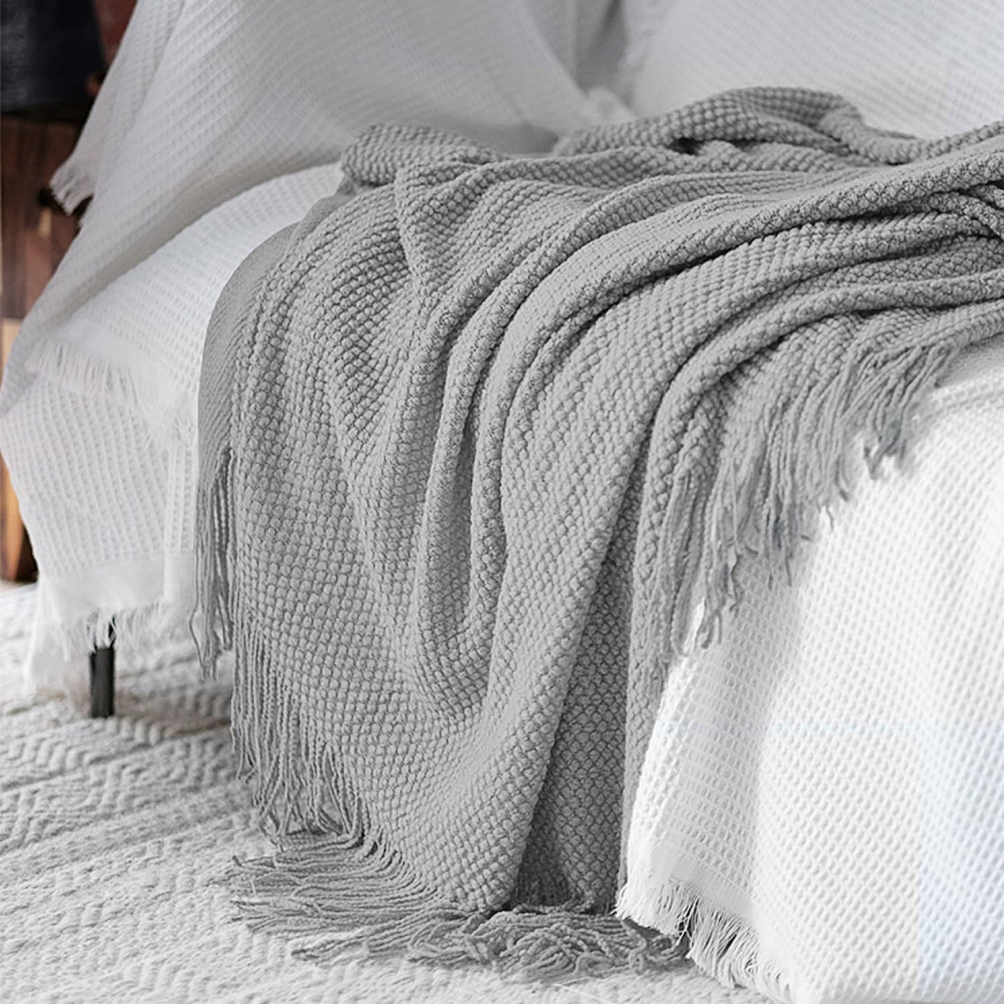 LOMAO Knitted Throw Blanket with Tassels Bubble Textured Soft Lightweight Throws for Couch Cover Home Decor (Light Grey, 50x60)