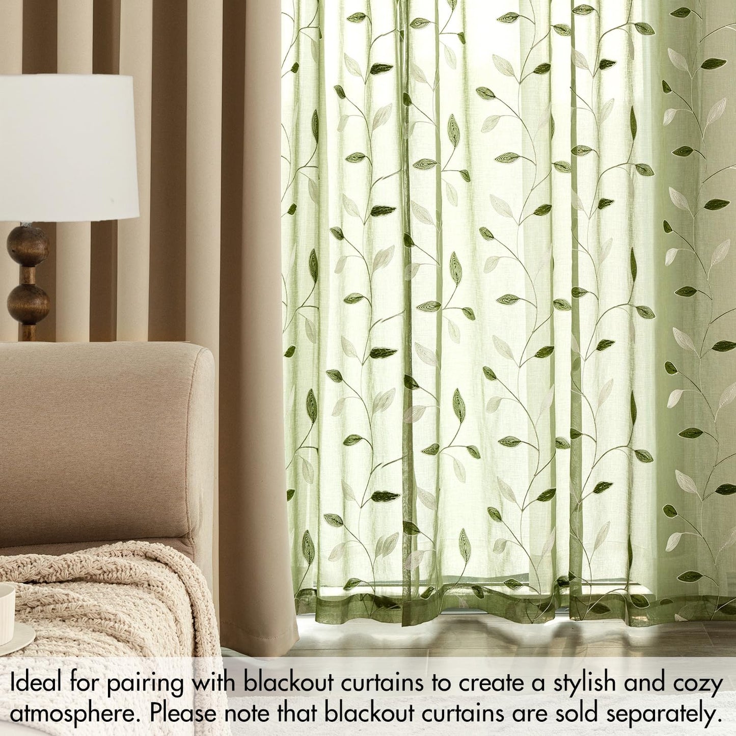 MIULEE Sage Green Sheer Curtains 2 Panels Embroidered Leaf Patterned Rod Pocket Floral Semi Sheer Faux Linen Window Curtains Drapes Set for Living Room Bedroom Dining Room, 52x84 Inches Long