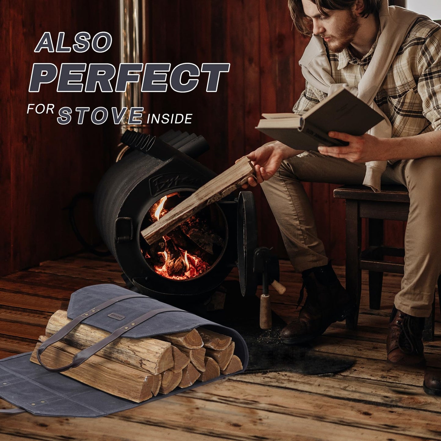 Log Carrier|Waxed Canvas Log Holder|Firewood Carrier Tote Bag|Fireplace Wood Stove Accessories-Grey