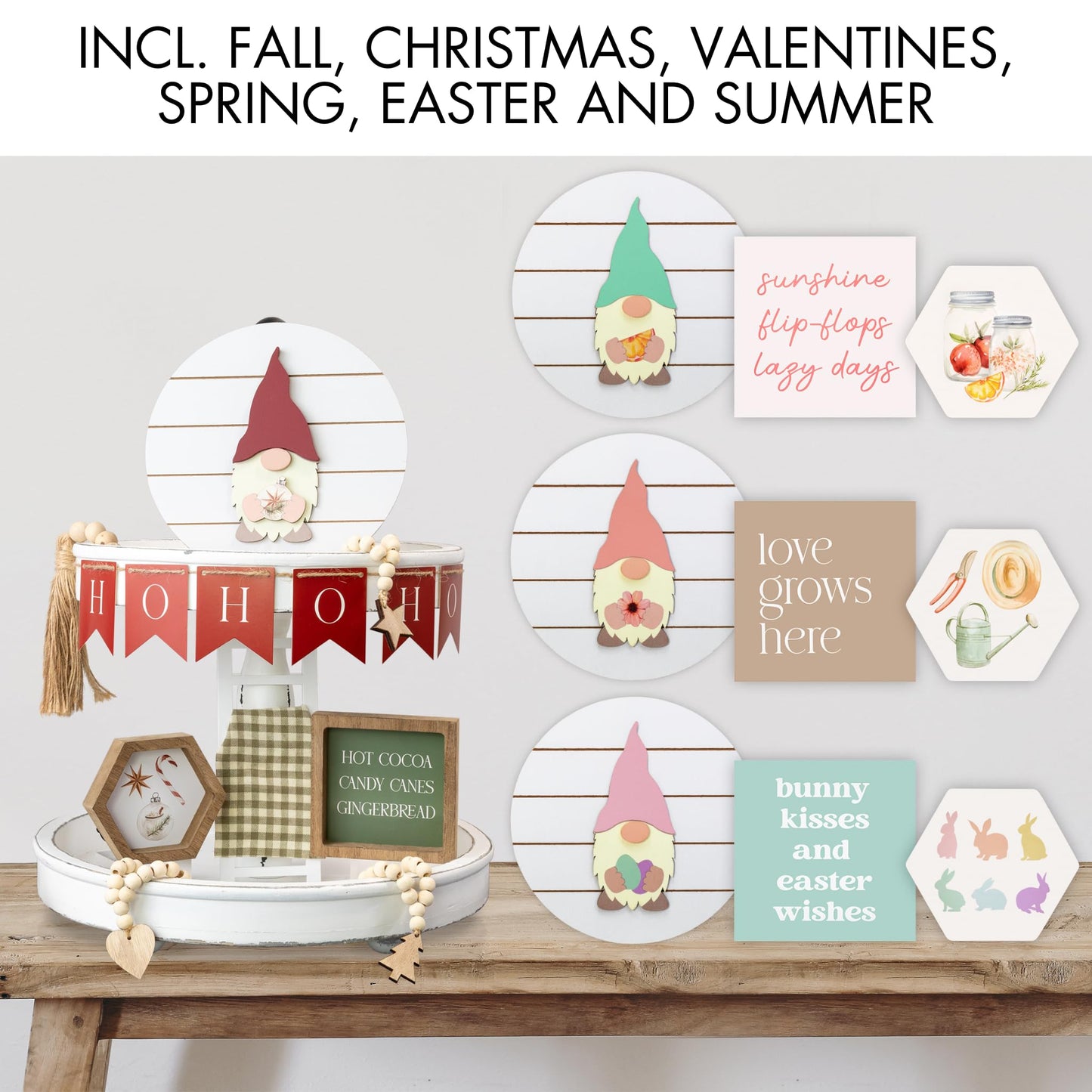 Beautiful Tiered Tray Decor Set for Christmas - Interchangeable All Season Decorations Bundle Incl. Spring, Valentines Day & More - Modern Farmhouse Centerpiece for Home & Kitchen Decor