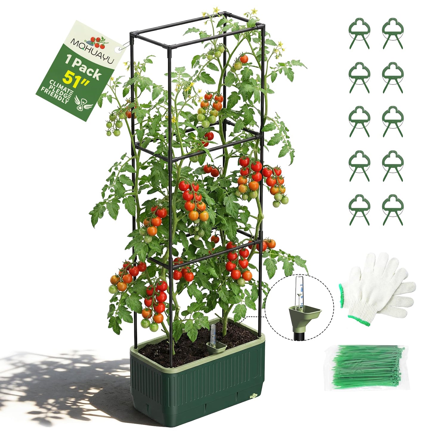 MQHUAYU 51" Self Watering Planter Box with Trellis, Tomato Planter Trellis for Raised Garden Bed, Tomato Cage with Visual Water Indicator, Indoor Outdoor Tomato Cages for Garden Patio