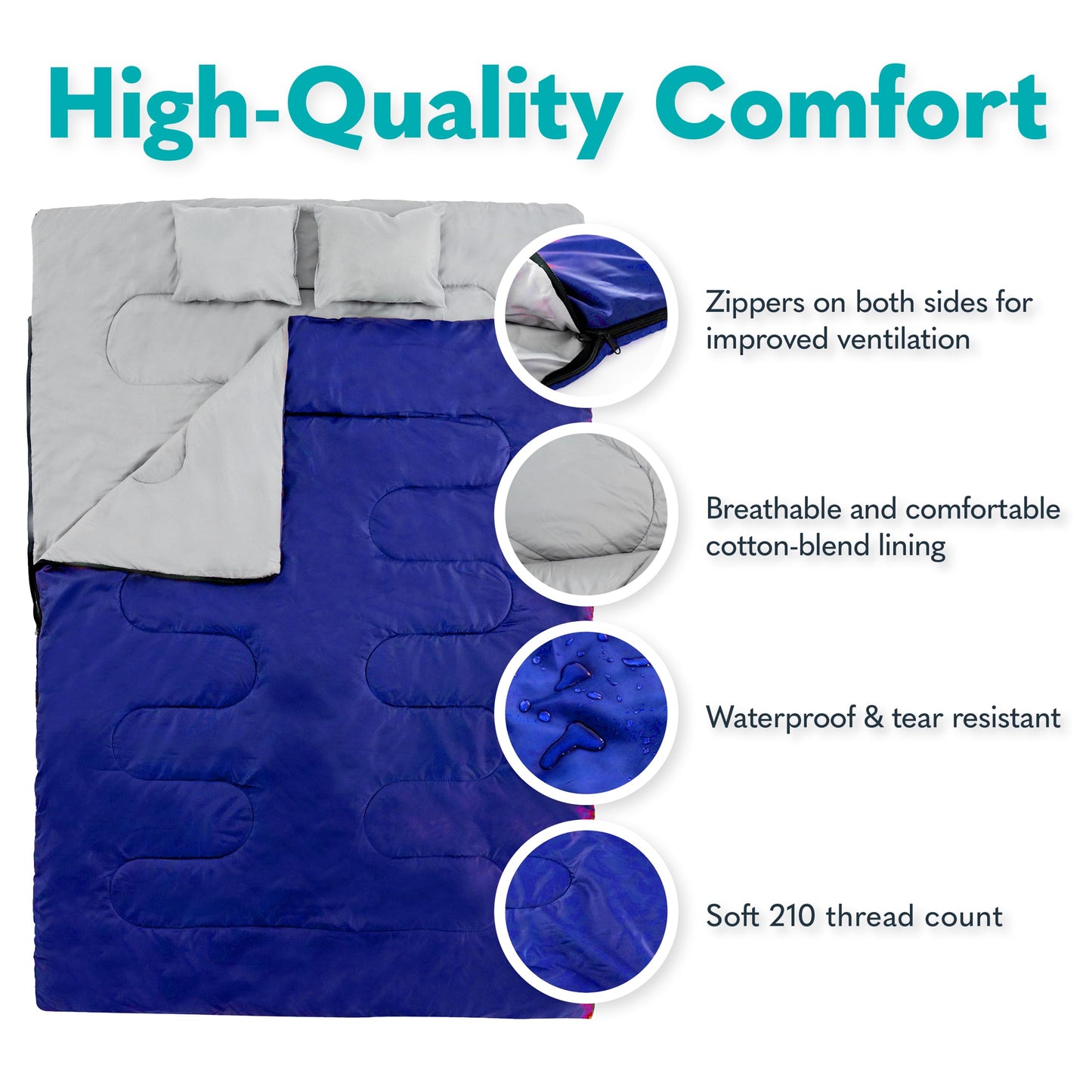Double Sleeping Bags for Adults – Waterproof Queen-Size 2 Person Sleeping Bag with Pillows for Camping, Backpacking, Hiking, or Truck Use – Warm, Lightweight, and Convertible into Two Singles – Blue