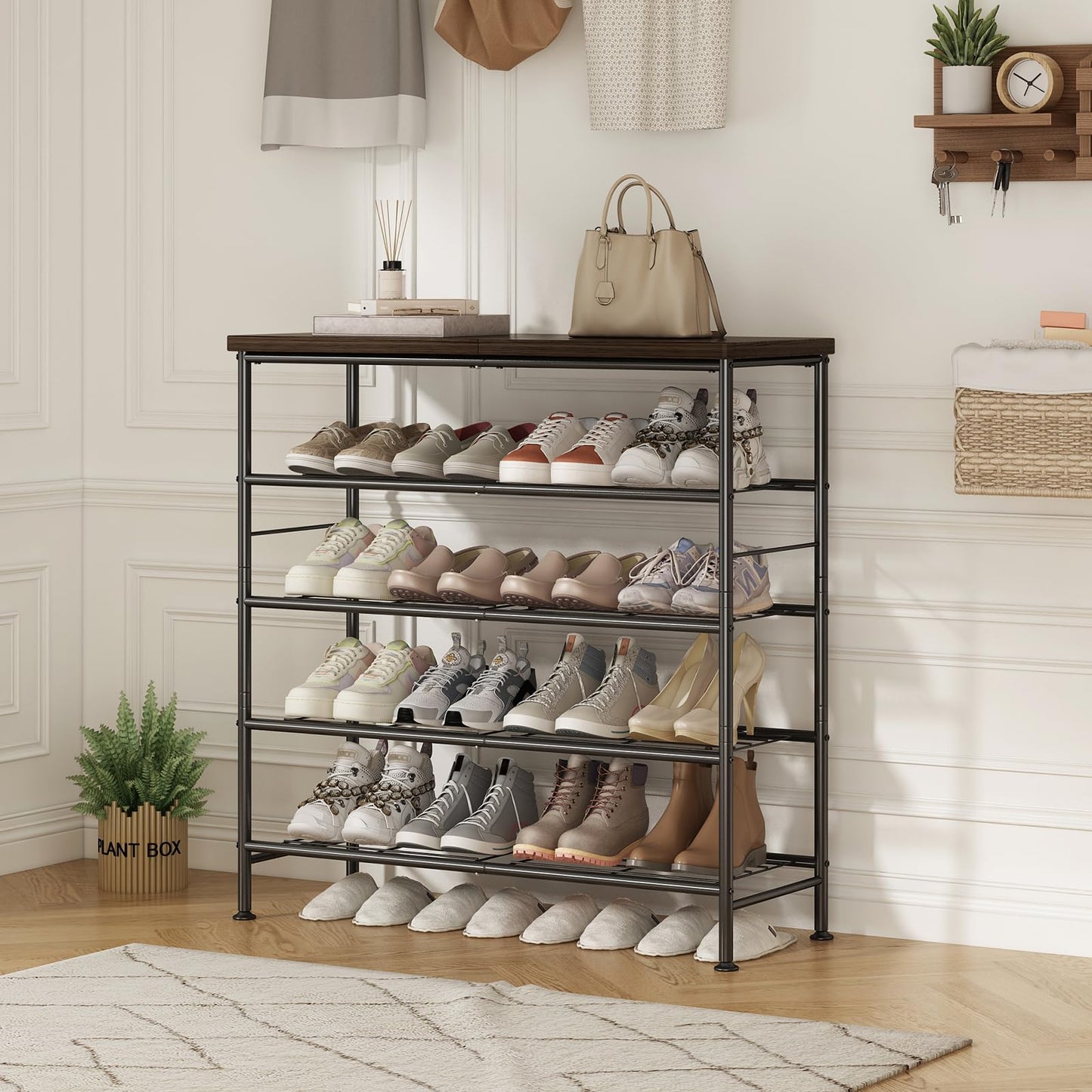 SUOERNUO Shoe Rack Organizer 5 Tier for Closet Entryway Free Standing Metal Storage Shoe Shelf with MDF Top Board，Black+Rustic Brown