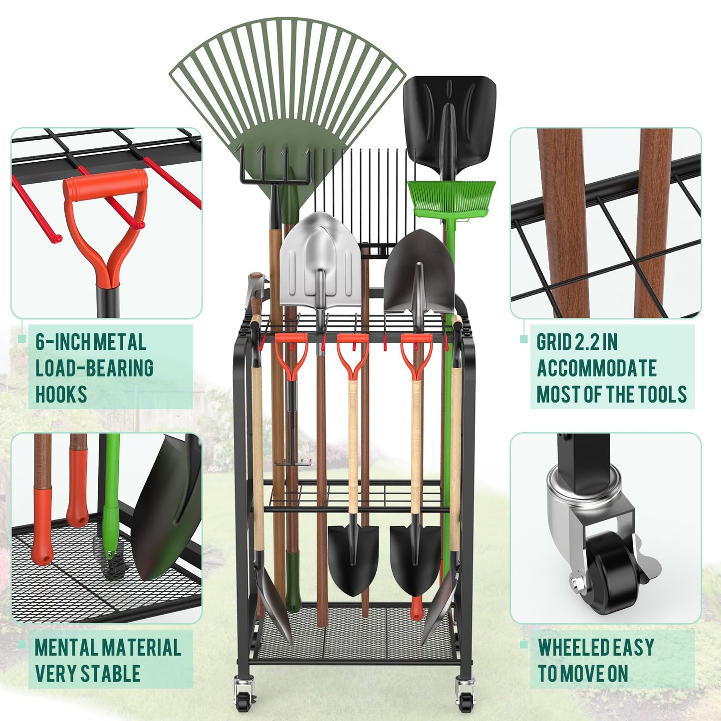 Trieez Garden Tool Organizer for Garage, Yard Tool Organizer with Wheels for Garage Organization and Storage - Sturdy Yard Tool Holder Tool Rack, for Shed, Outdoor, Tool Stand