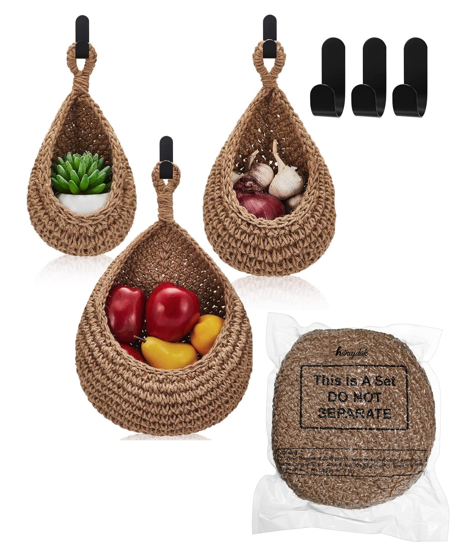 Honeydak Boho Decor Hanging Wall Baskets for Kitchen 3 Pack Teardrop Baskets with Hooks Storage Fruit Onion Vegetable Potato for Home 3 Sizes(Linen,Teardrop,Jute)