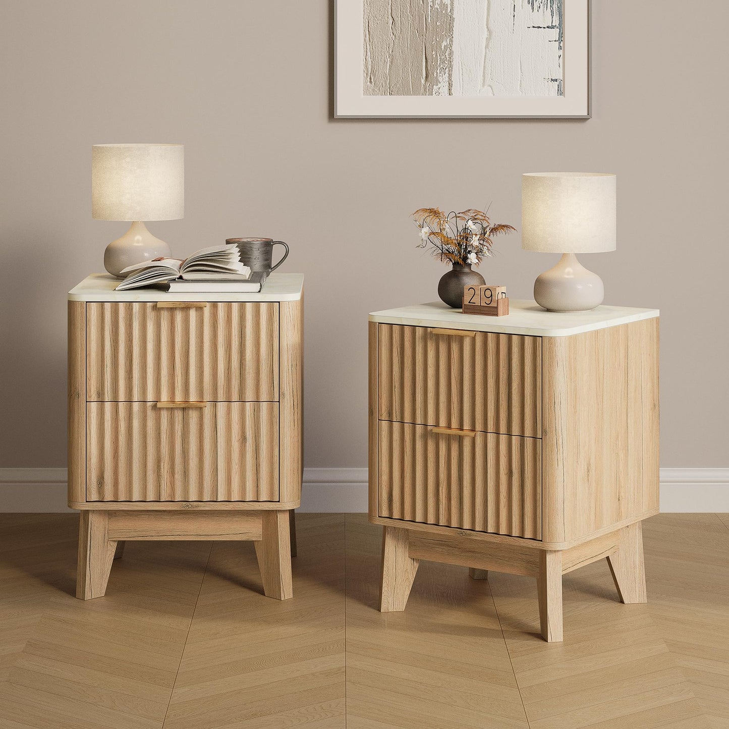 TROJM Fluted Nightstand Set of 2,Modern End Table with Faux Marble Top,2 Storage Drawers Side Table,Bedside Table for Bedroom, Living Room,Curved Profile Design Furnitue,Natural Oak
