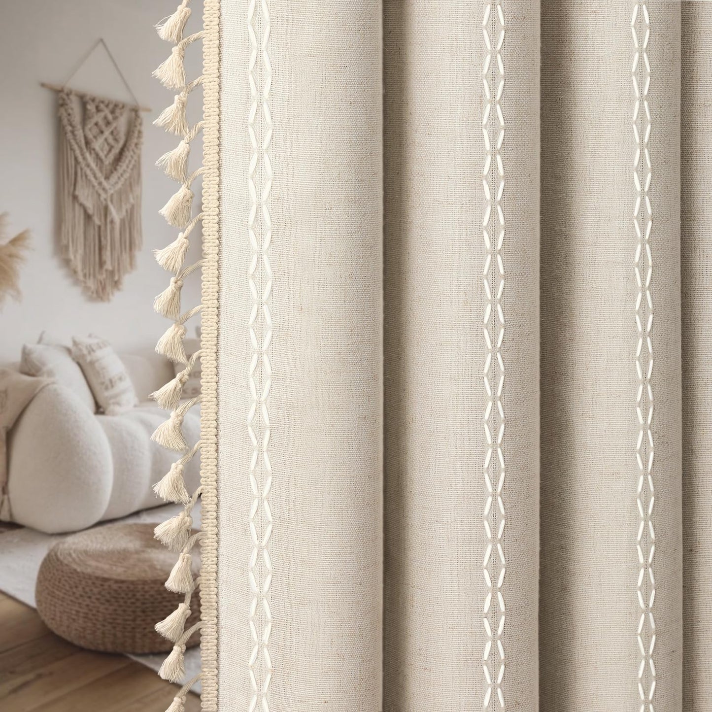 XOGUIBO Boho Blackout Curtains 2 Panels 84 Inch for Living Room Bedroom, Beige Linen Texture Farmhouse Curtains with Tassels and Cotton Embroidery Vintage Rustic Western Rod Pocket
