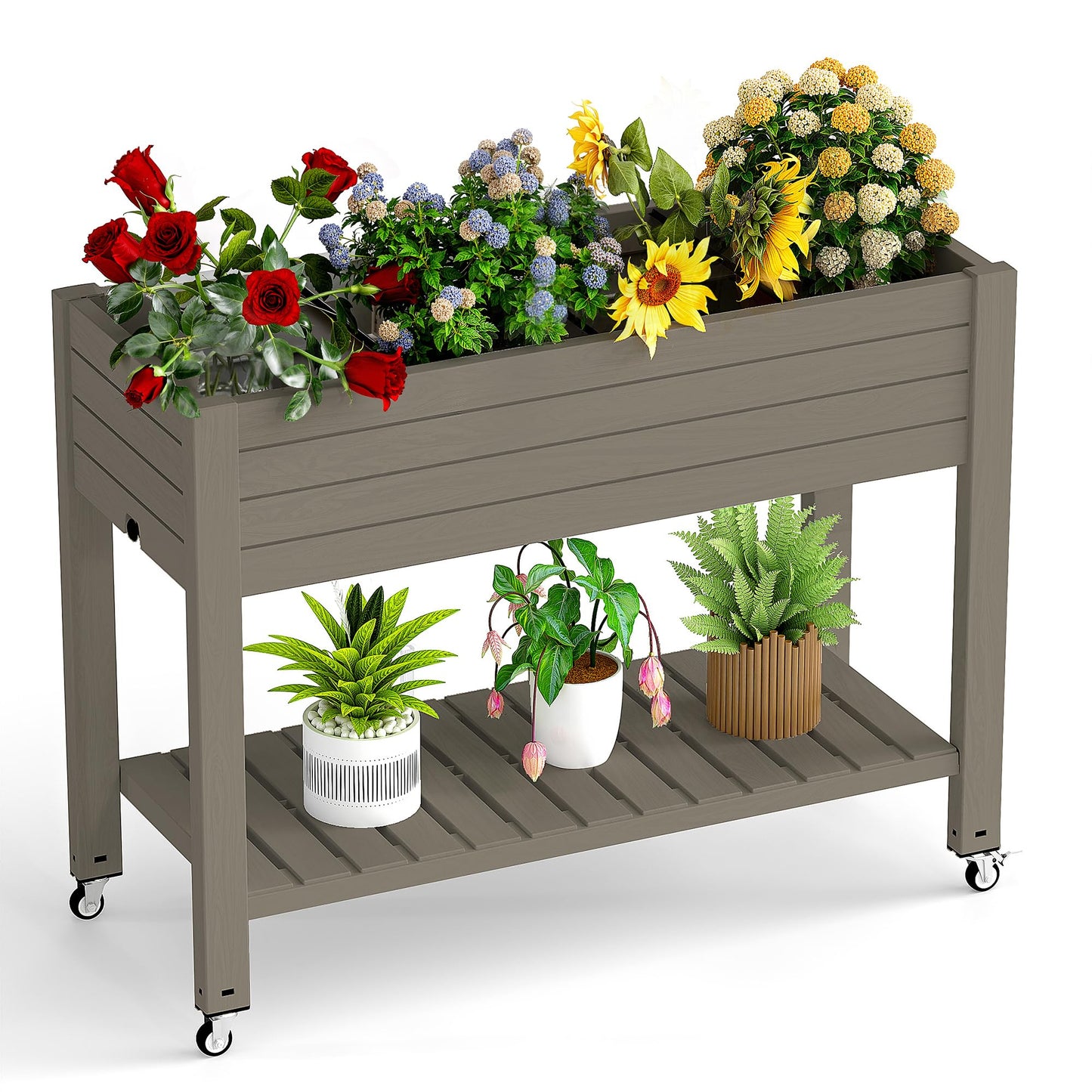 GYMHILL Elevated Raised Garden Bed with Wheels,Outdoor Large Resin Patio Planter Box Stand Divisible with Drain Plug,Water Monitor for Plants Vegetables Flowers Fruits(Grey,43.31 * 17.72 * 33.66)