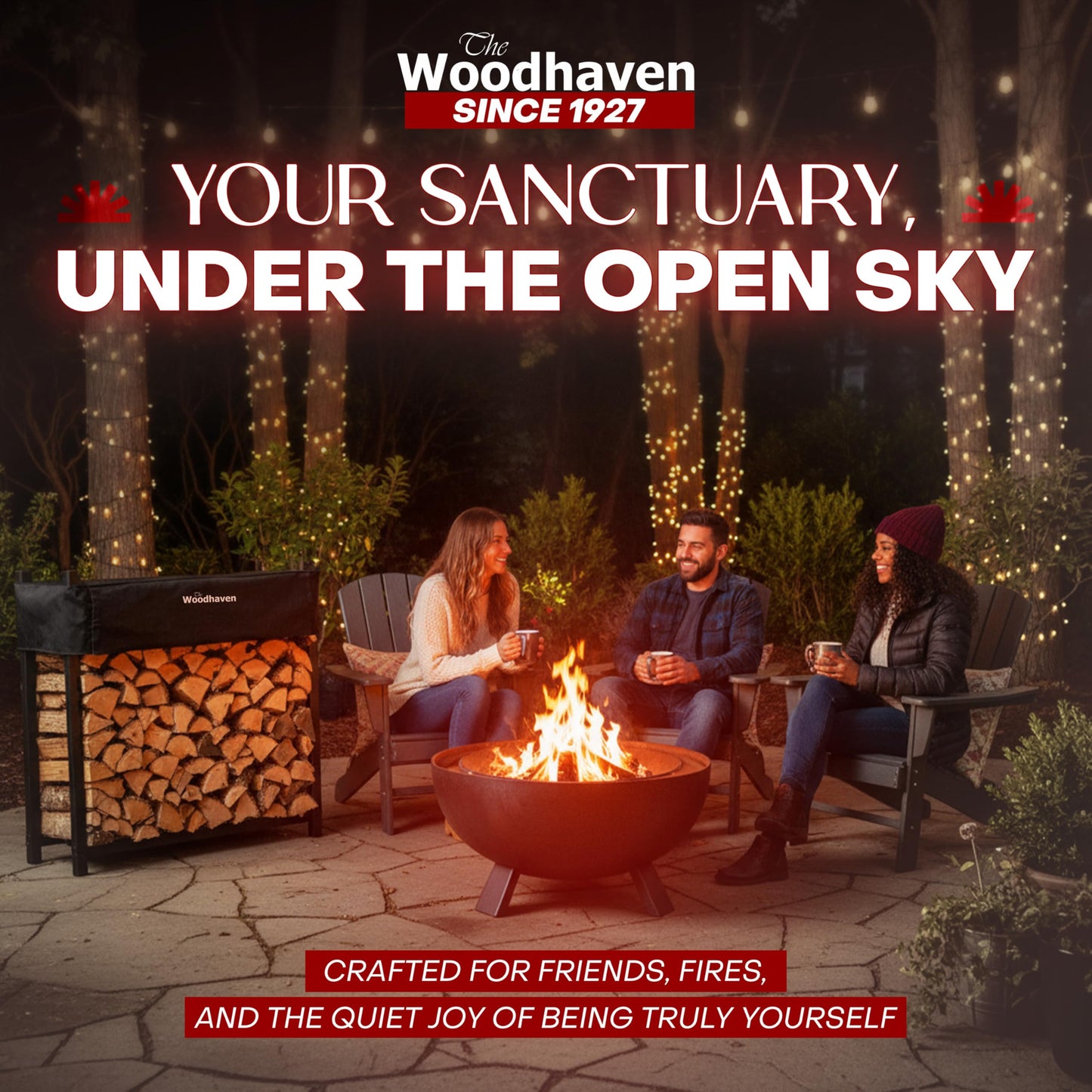 Woodhaven Black 4 Foot - Heavy Duty Made In USA - Indoor Outdoor - 1/4 Cord Firewood Storage Log Rack With Seasoning Cover Combo Set - Metal Log Storage - 48” x 48”