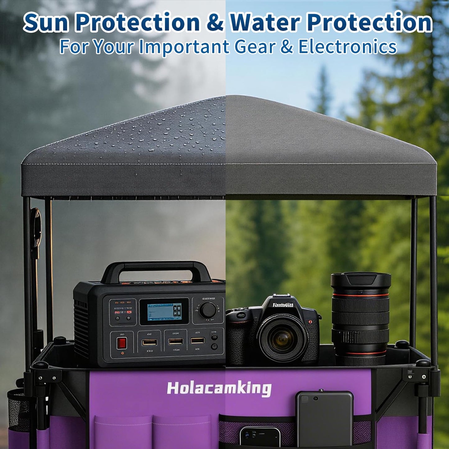 Holacamking Collapsible Canopy Wagon Cart, Heavy Duty Utility Wagon with Removable Sun Cover, All-Terrain Big Wheels, Dual Brakes, Extra Large Grocery Cart for Beach Camping Sports Tailgates (Purple)