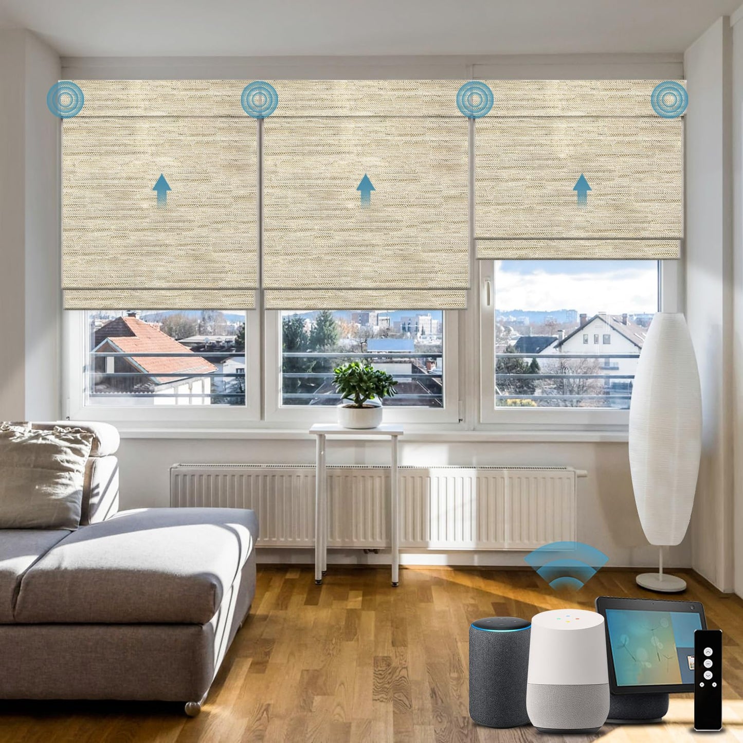 WEFFORT Motorized Roman Shades, Woven Woods Shades, Work with HomeKit/Alexa/Google Home, Cordless, Custom Size, Crocheting Kenaf