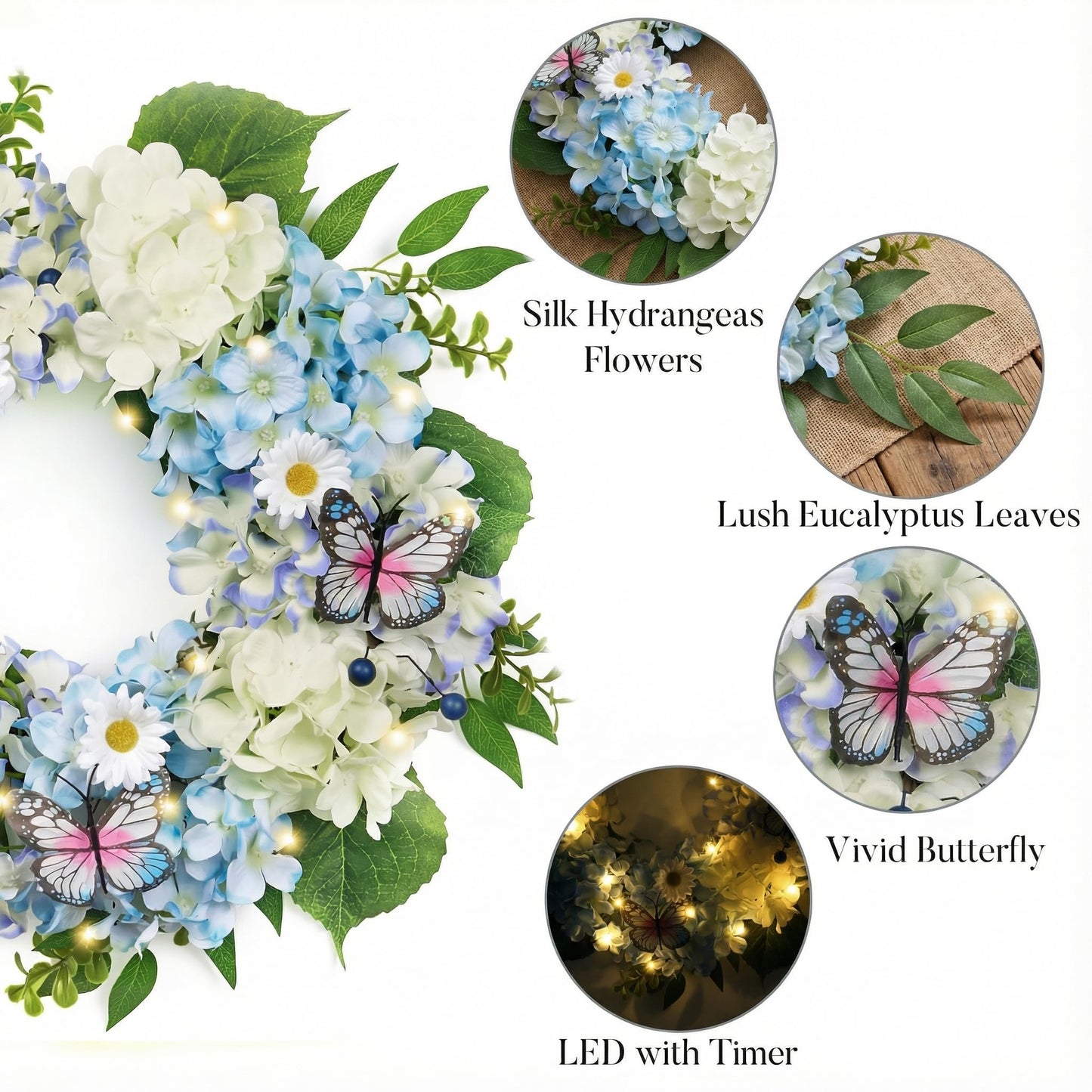 Valery Madelyn Spring Wreaths for Front Door with Lights, Silk Blue White Hydrangeas Floral Summer Wreath with Eucalyptus Leaves Butterfly for Home Porch Window Wedding Arch-18''