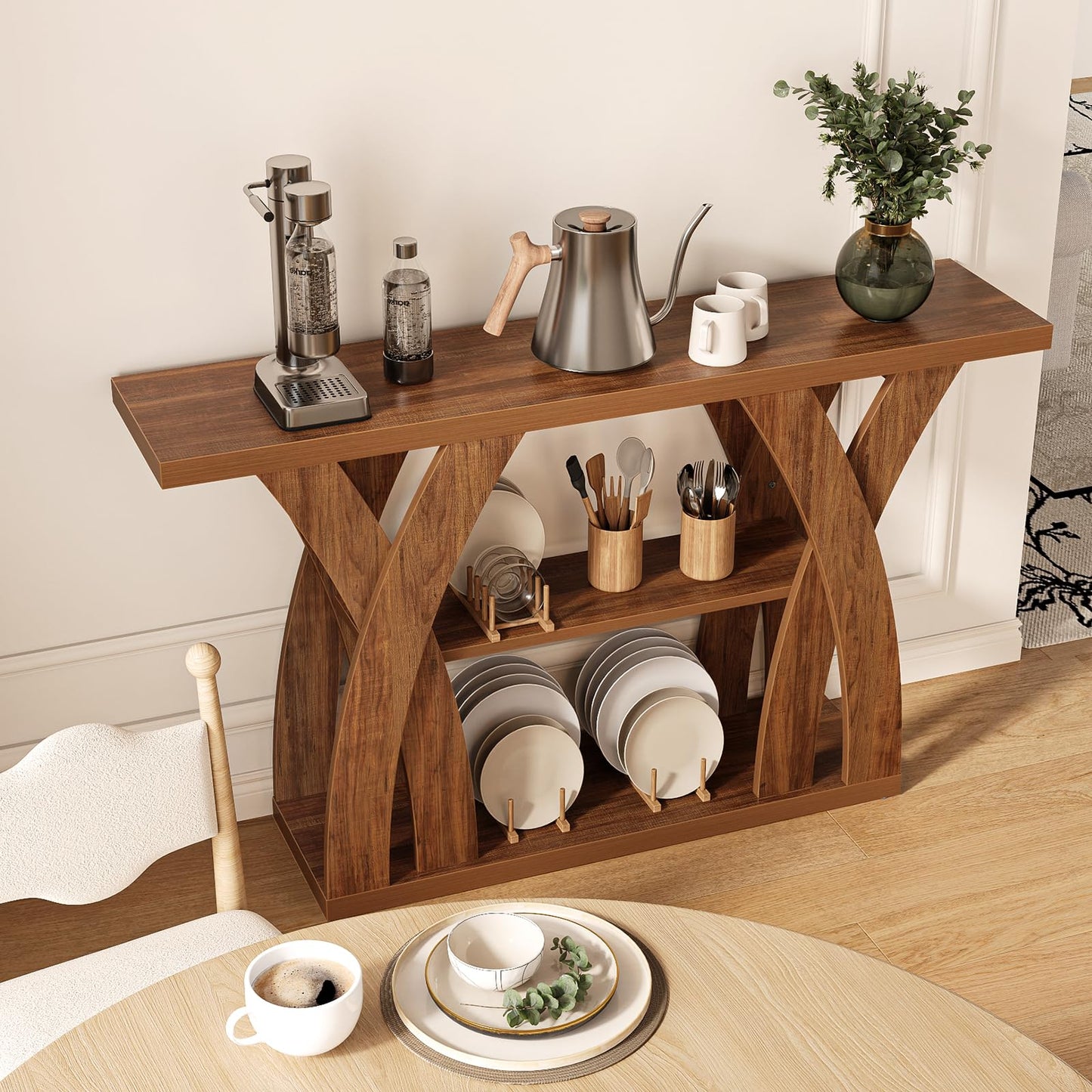 Tarnorci Console Tables, 55-Inches Walnut Console Table with Storage 3-Tier Farmhouse Narrow Entryway Table for Living Room, Hallway, Foyer(Brown)