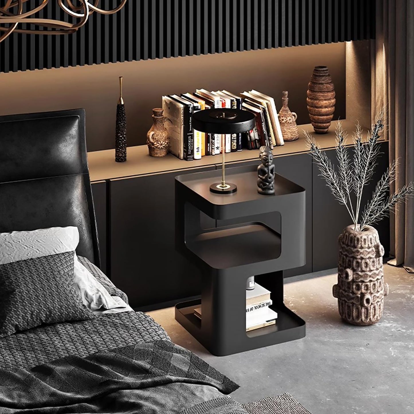 BUZUEY Modern Metal Side Table with Storage,Small End Table for Sofa & Couch,3-Tier Compact Nightstand for Small Spaces,Black Bedside Tables for Living Room & Bedroom,No Assembly Required