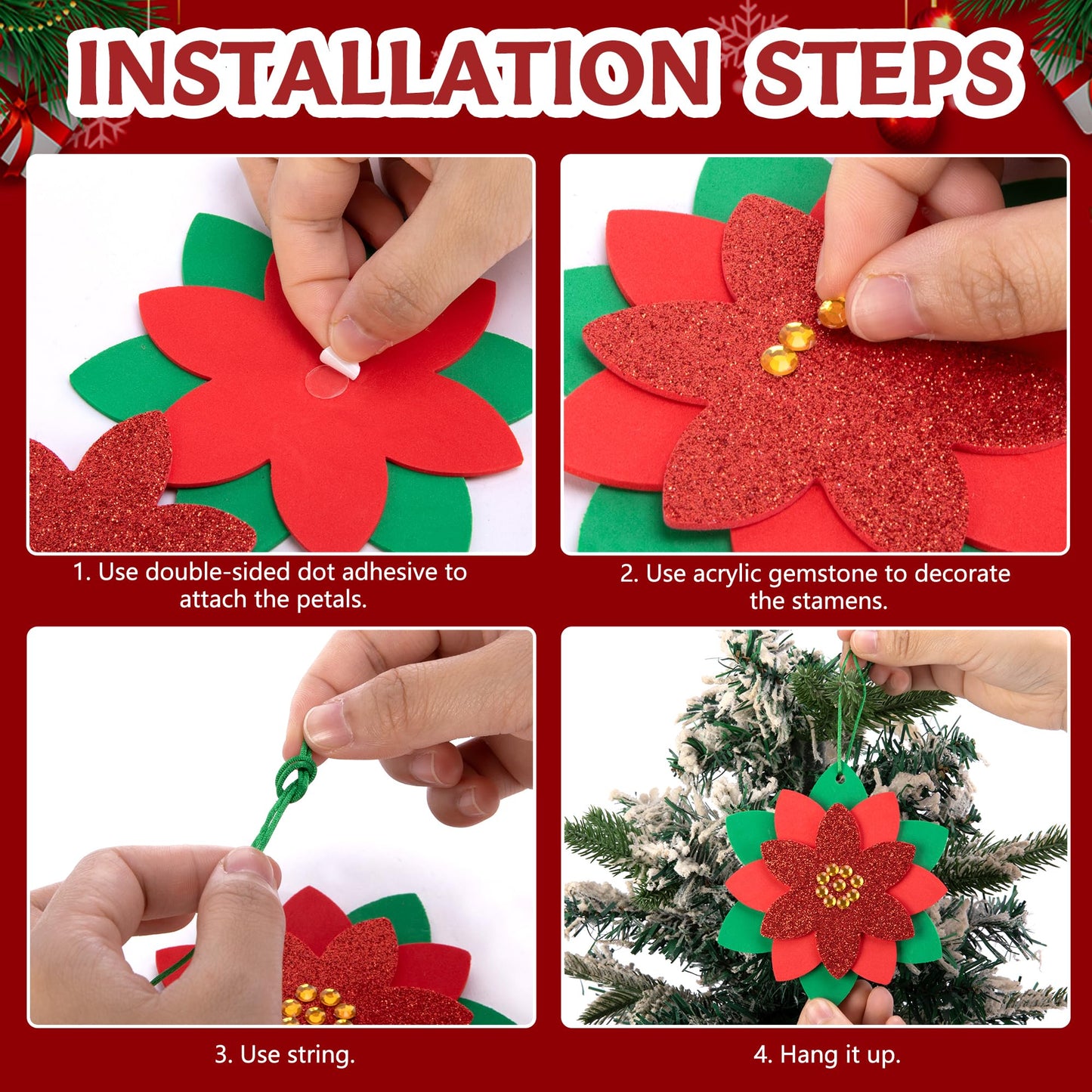 LFUTARI 15 Pcs Christmas DIY Poinsettia Flowers Craft, Foam Poinsettias Flower Ornaments, Christmas Glitter Red Flowers DIY Decoration for Holiday Home Party Tree Garland Wreath Porch Stair Decor
