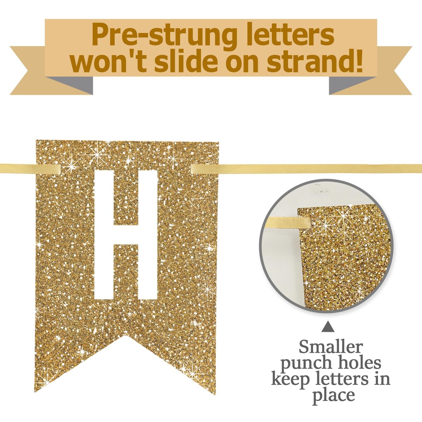 Netnology Pre-Strung Gold Happy Birthday Banner Decorations,12 ft No DIY Gold Glitter Birthday Party Banner Sign Decor for Women Men Girl Boy Party Supplies