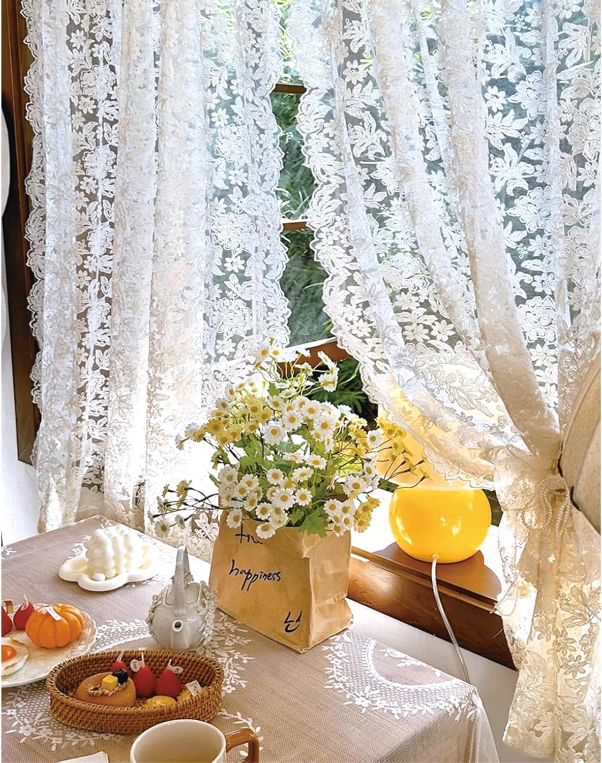 JESSANS 2pcs French Curtains Lace Gauze for Living Room Cream Retro Wavy Edge Bedroom Bay Window Girl Embroidery Curtain Door White Tulle Rod Pocket (W51XH51IN)