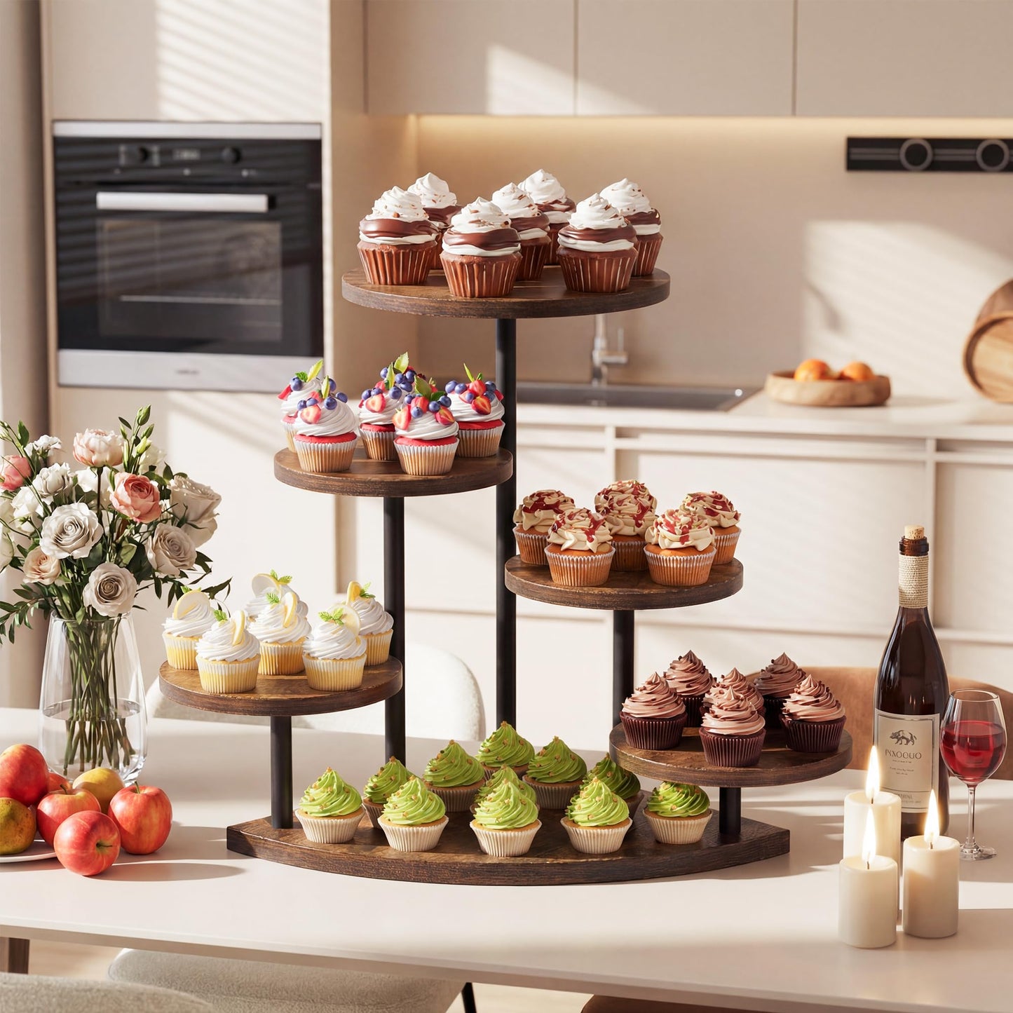 Cake Stand for Cupcake Dessert Display - 6 Tiered Corner Tray Dessert Table Stand, Cupcake Tower for 102 Cupcakes, Wood Cake and Cup Cake Stand Combo Serving Trays for Party Wedding Birthday