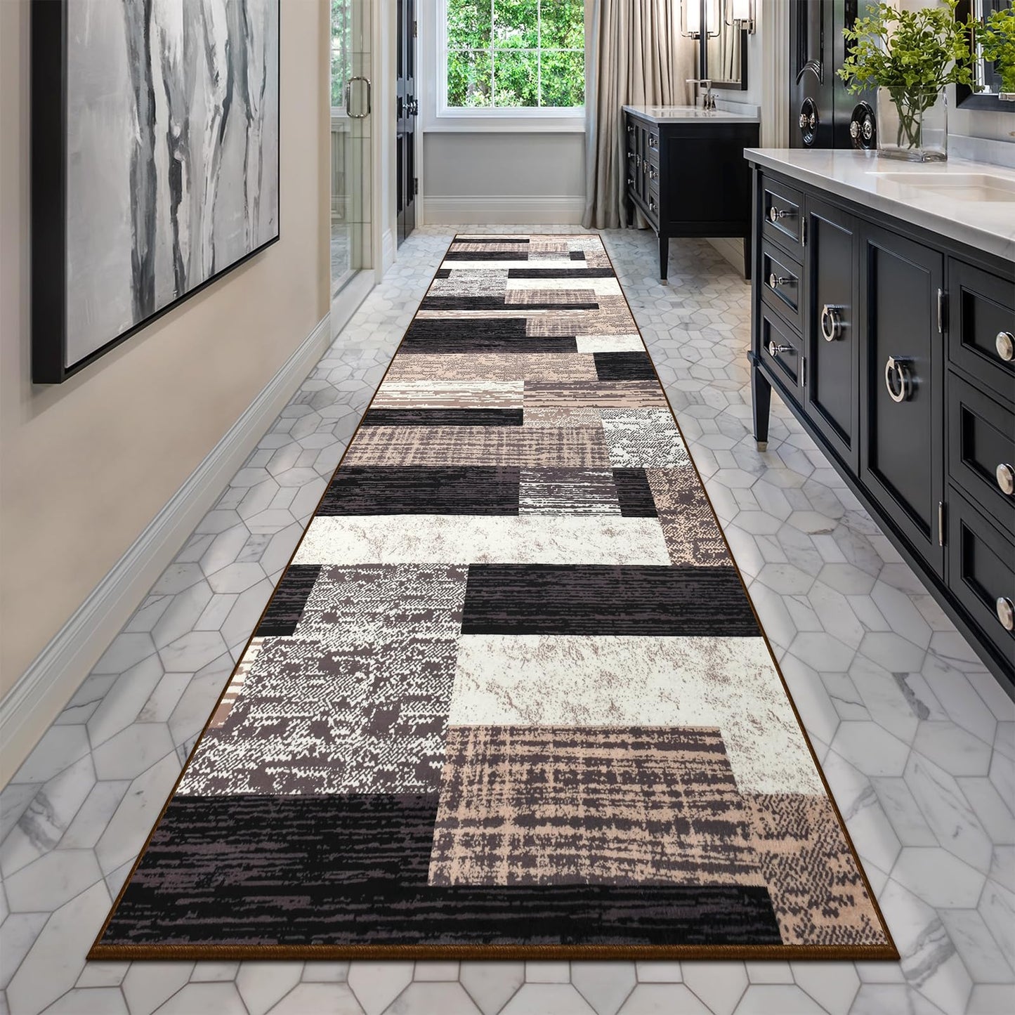 Indoor Runner Rug, Washable Runner Rug with Rubber Backing, Modern Geometric Patchwork Aesthetic Carpet for Bedroom, Living Room, Hallway, Entryway,Washable Rugs Rockwood Collection,2.7x10Ft Chocolate