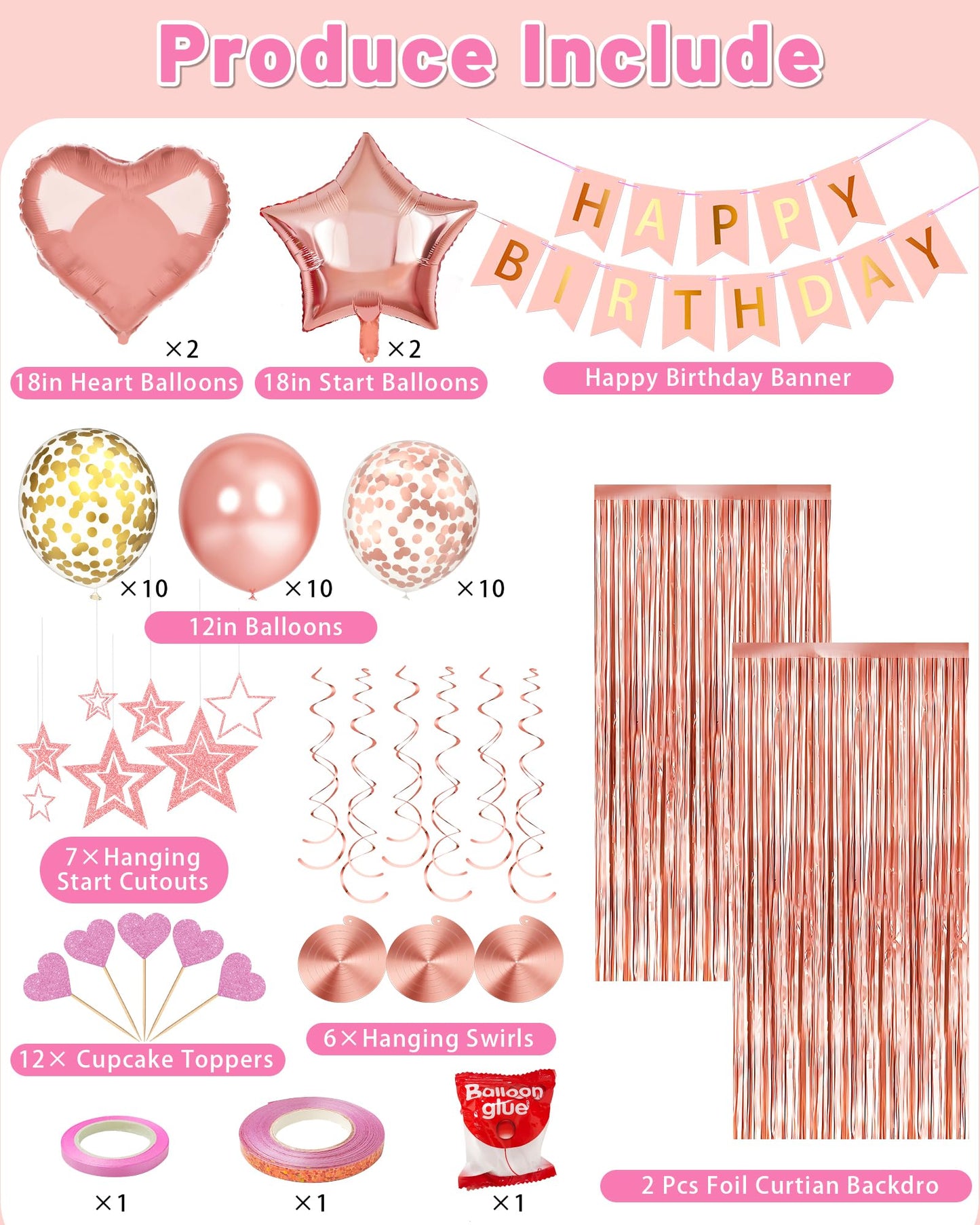 Lutoys Rose Gold Happy Birthday Party Decorations, Happy Birthday Banner, Rose Gold Foil Heart Star Confetti Balloons Curtain Backdrop Hanging Swirls Party Decor for Girls Women Princess