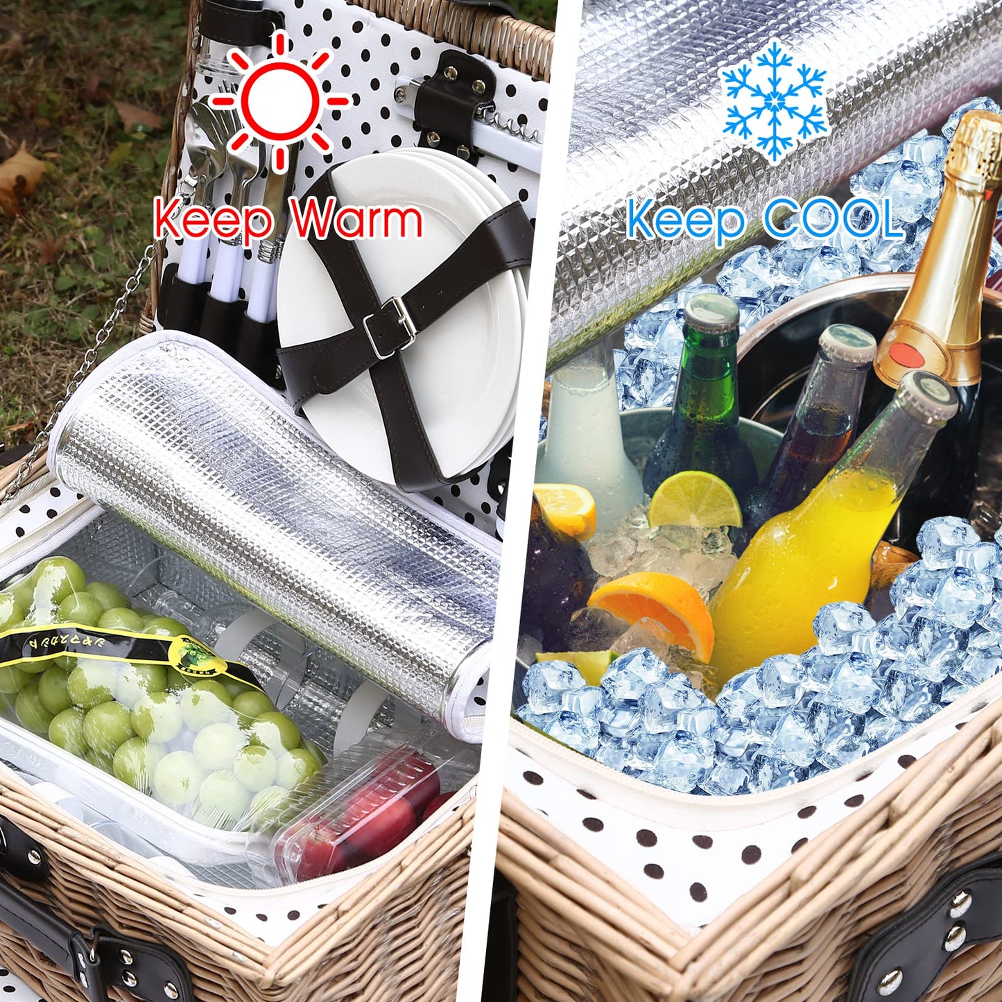 HYBDAMAI Picnic Basket for 4 Persons with Waterproof Picnic Blanket and Insulated Cooler, Large Wicker Picnic Basket for Camping, Outdoors, Valentine's Day, Christmas, Birthday, Wedding Gift