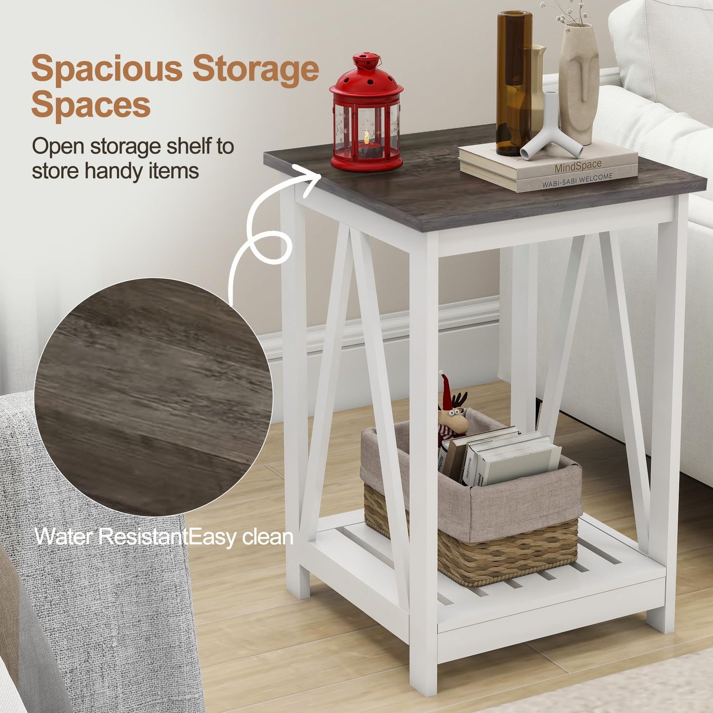 UYIHOME Farmhouse Square End Table, Accent Side Table with Slats Design, Sofa Side Table with Sturdy Frame for Living Room, Dark Grey