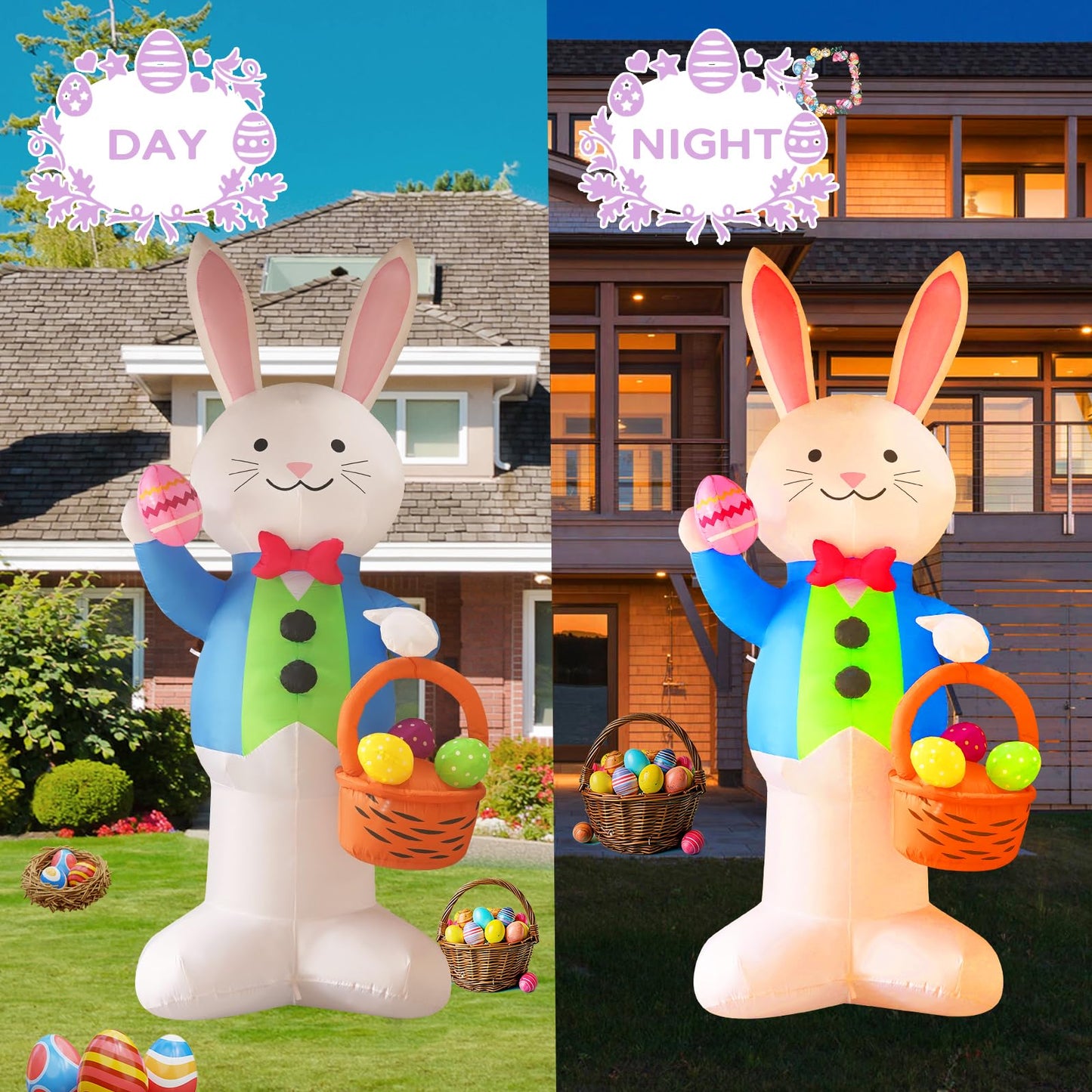 InfleasJoiy 12FT Bunny Basket Easter Inflatable Decoration with Built-in LED Lights for Holiday Celebration Decorations on Yards, Lawns and Patios