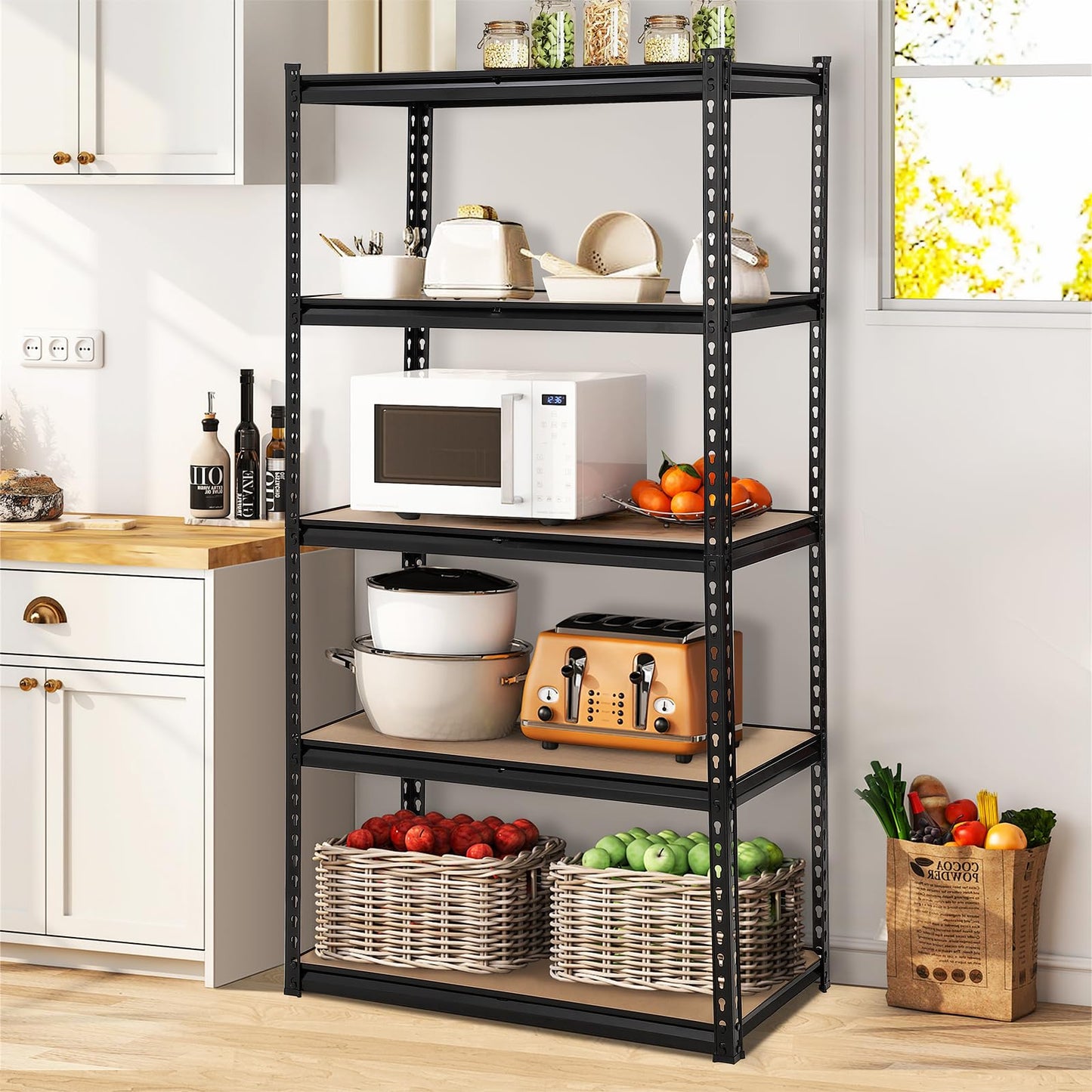 GarveeHome Garage Storage Shelves, 5-Tier Utility Shelves, Adjustable Storage Shelves, Industrial Shelving, Load 3860 LBS Heavy Duty Storage Shelves for Garage Kitchen Basement Laundry Pantry,Black