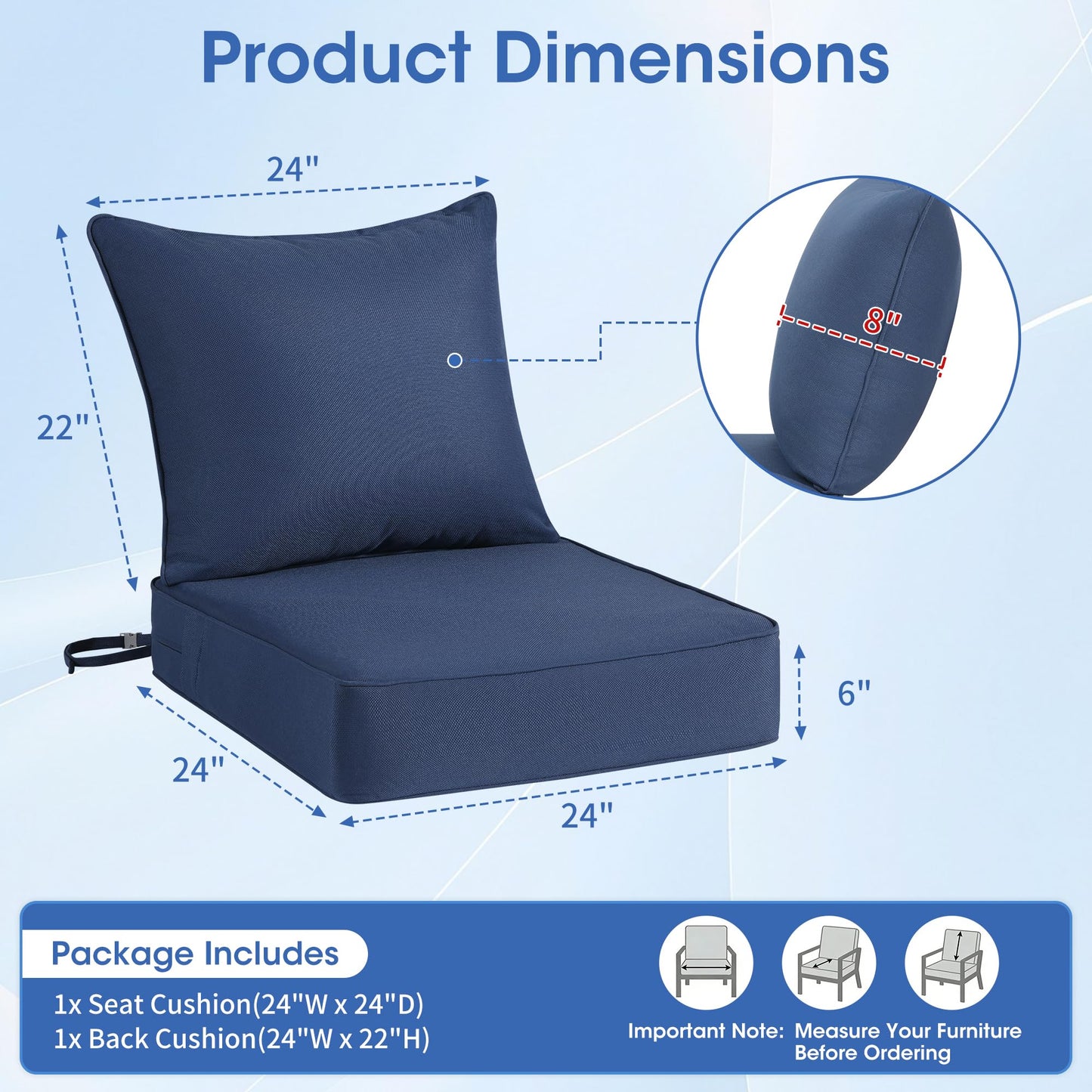 Domvaranique Patio Furniture Cushion Set, 24 x 24 x 6 Extra Thick Deep Seat Outdoor Chair Cushions for Patio Furniture, Olefin Replacement Set, Water Resistant, Removable Cover, Ties and Handle, Blue