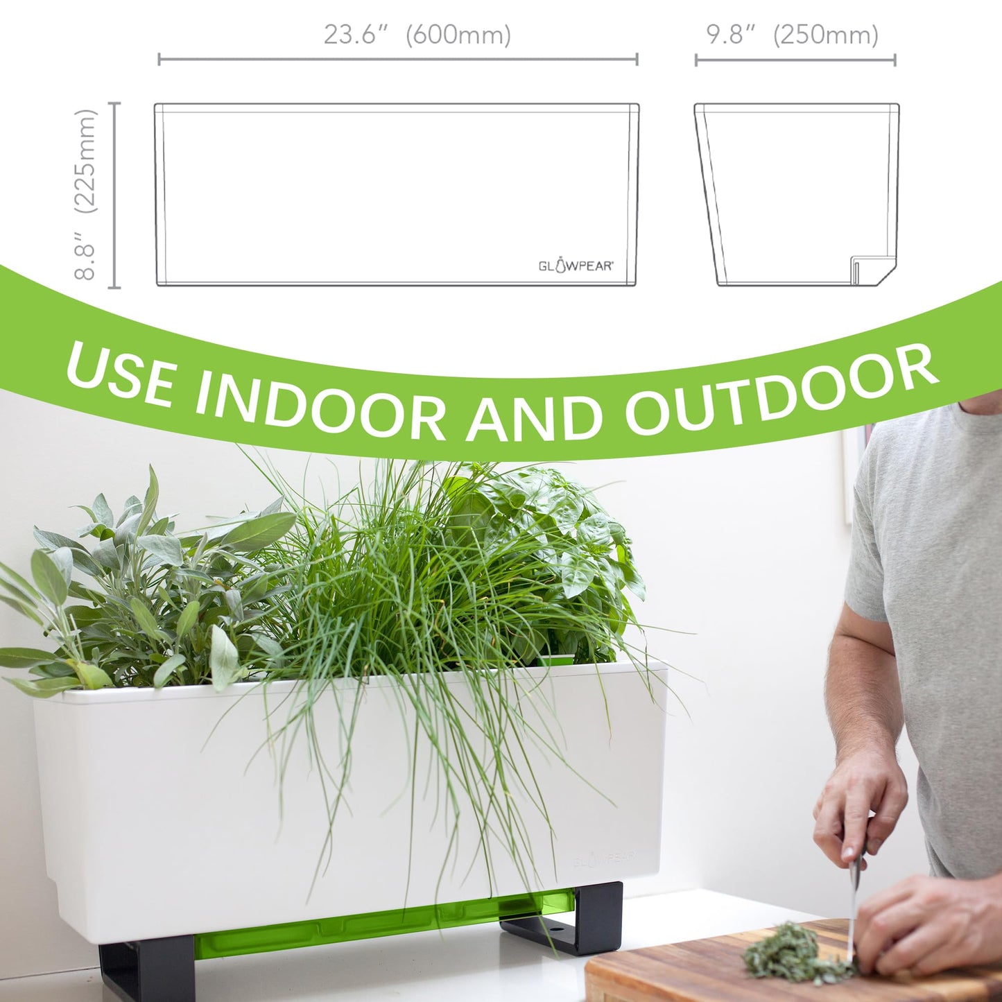 Glowpear Self-Watering Mini Bench Planter - 23.6" in Pot, Free Standing, UV Stable, Scalable, Indoor | Outdoor Pot with Water Gauge, for Home Kitchen Windowsill Gardening