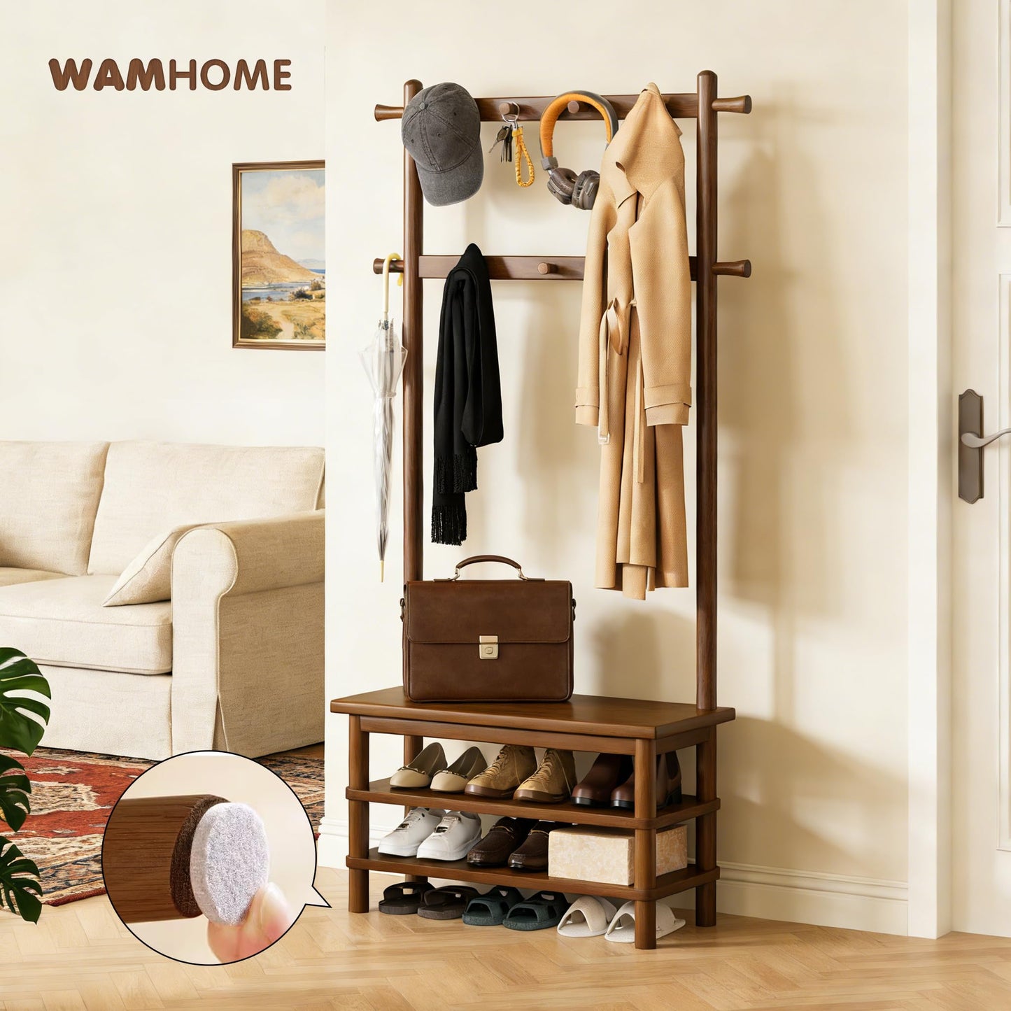 Wamhom Hall Tree, 3-in-1 Entryway Bench with Coat Rack, 11 Hooks and 2-Tier Hall Tree with Shoe Storage Bench, Solid Wood Coat Rack Freestanding, 27.2" Long