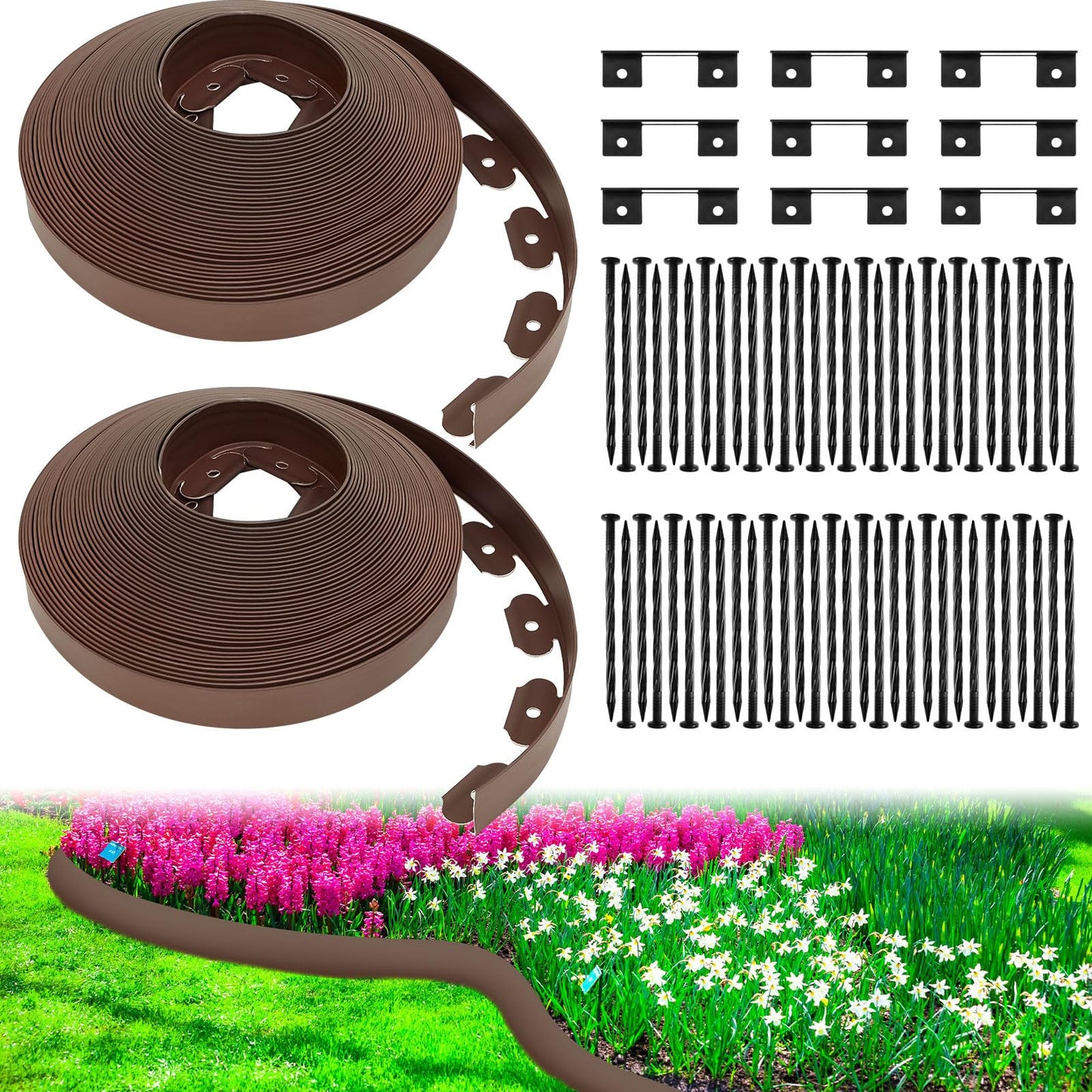 Sasylvia 2.5'' x 200' Landscape Edging Kit Edging Border Coil Include 120 Anchoring Spikes 10 Connectors Plastic Garden Border for Lawn Garden Grass Yard Home(Brown)