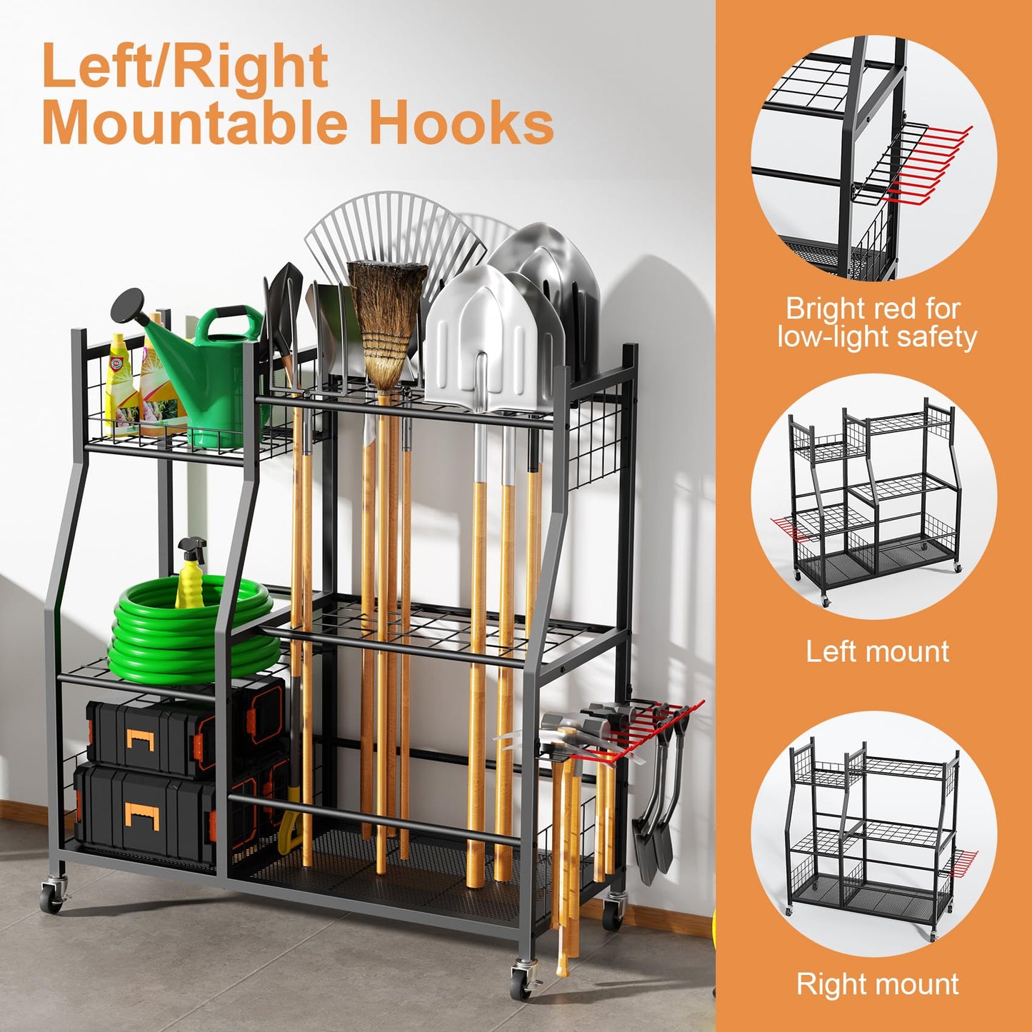 Garden Tool Organizer with Wheels for Garage, Freestanding Garage Tool Organizer, Yard Tool Holder, Garden Tool Cart for Long Handled Tools,Rakes, Brooms, Yard Storage Rack for Shed, Indoor, Outdoor