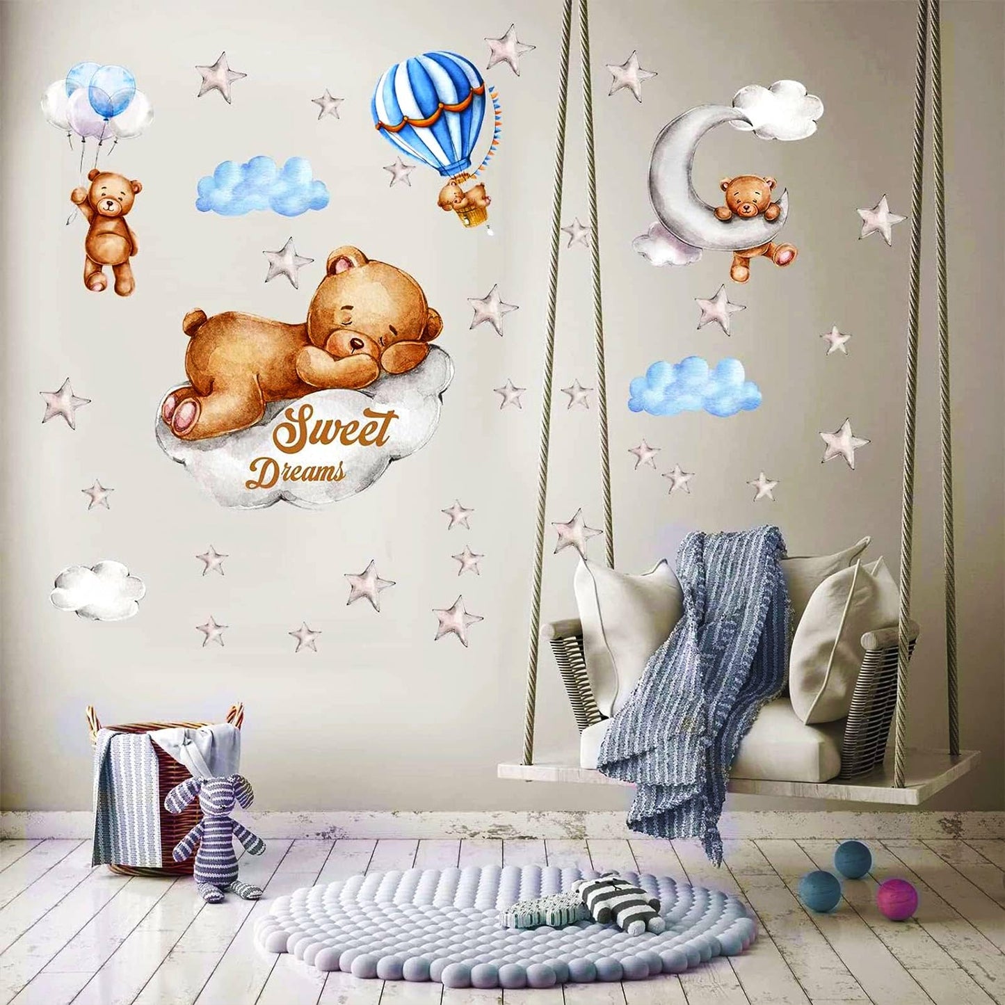 Tedy Bear Moon & Stars Wall Decor - Sleeping Bear Wall Stickers, Baby & Nursery Room Decor
