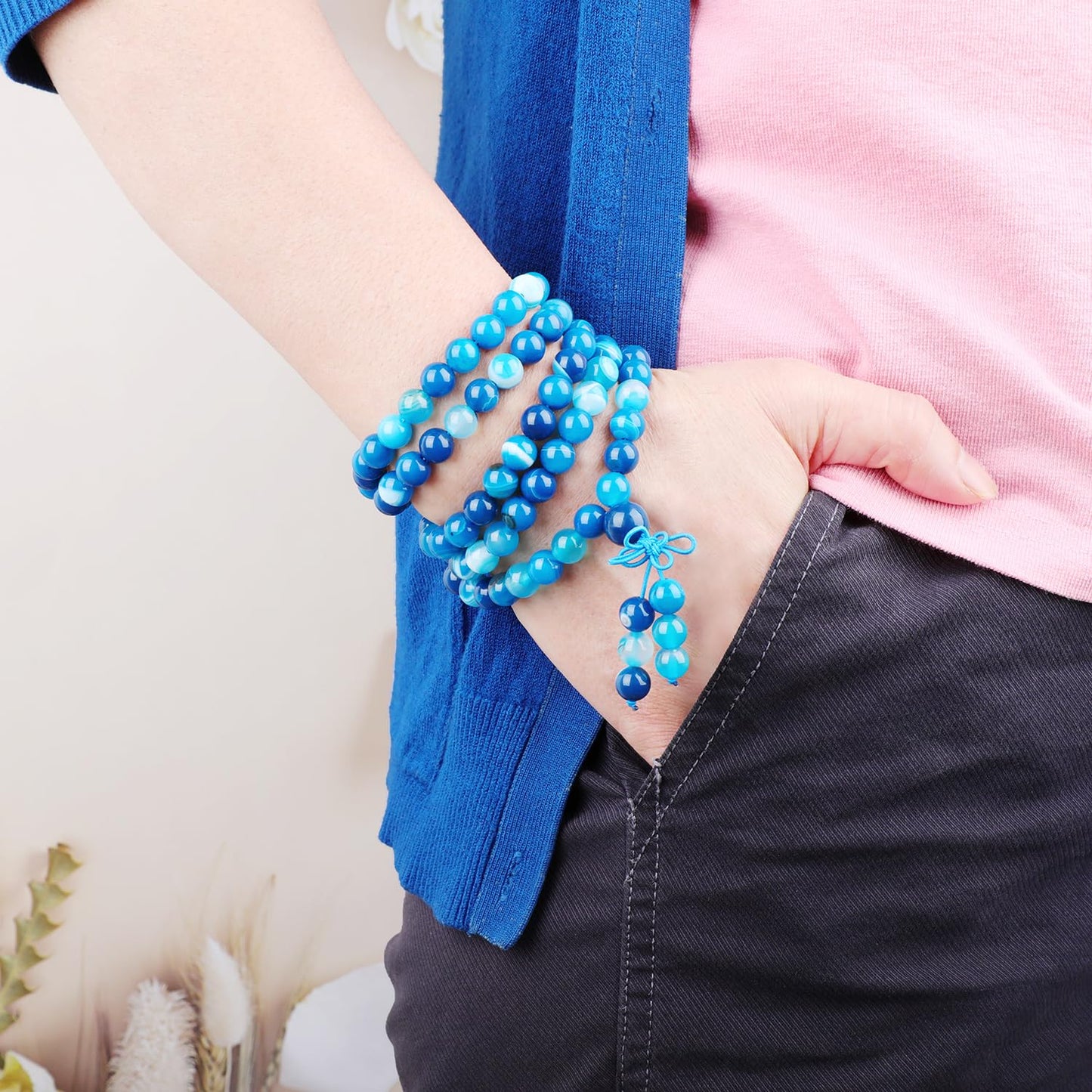 AD Beads 8mm 108 Prayer Mala Blue Stripe Agate Elastic Bracelet - Calming and Soothing - Handmade Yoga Meditation Healing Power Energy Gifts for Unisex Adult.