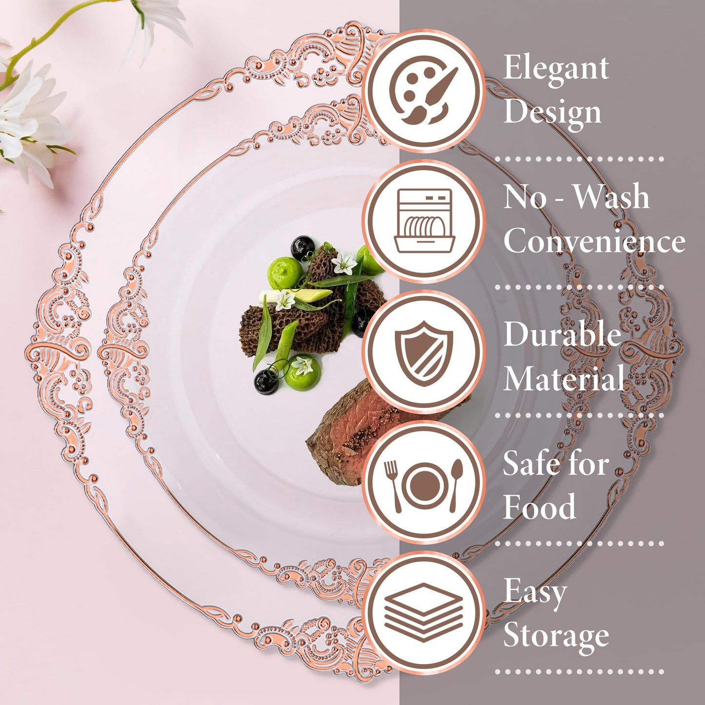 Nervure 175PCS Rose Gold Plastic Plates - Disposable Rose Gold Party Plates & Pre Rolled Napkins with Cutlery for 25 Guests, 50Plates, 75Silverware, 25Cups, 25Napkin for Wedding & Party & Mothers Day
