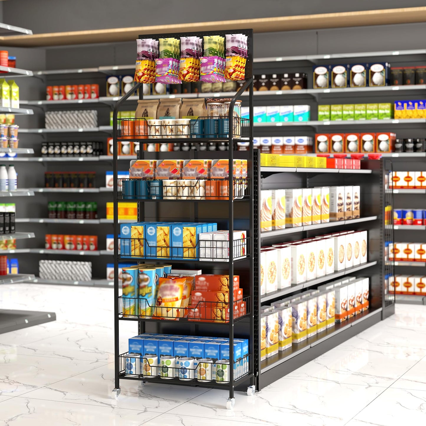 Qriocioa Retail Snack Display Stand,5-Tier Black Metal Storage Shelf Brackets with Wheels & Hooks,Metal Storage Shelves Heavy Duty, Retail Display Shelves Racks,Snack Organizer Stand Display Supplies