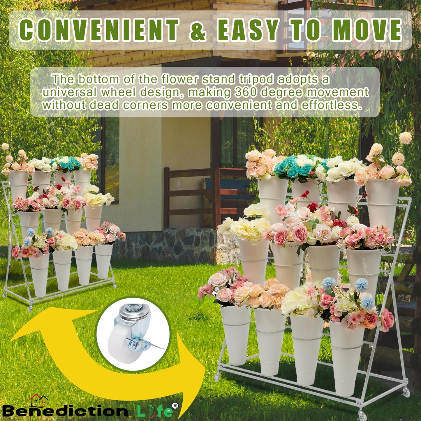 Benediction Life Flower Display Stand With Wheels,3 Layers Plant Cart with 12PCS Buckets,Heavy Duty Moving Flower Rack for Indoor, Outdoor Patio Garden, Living Room, Florist, Delivered in Two Packages