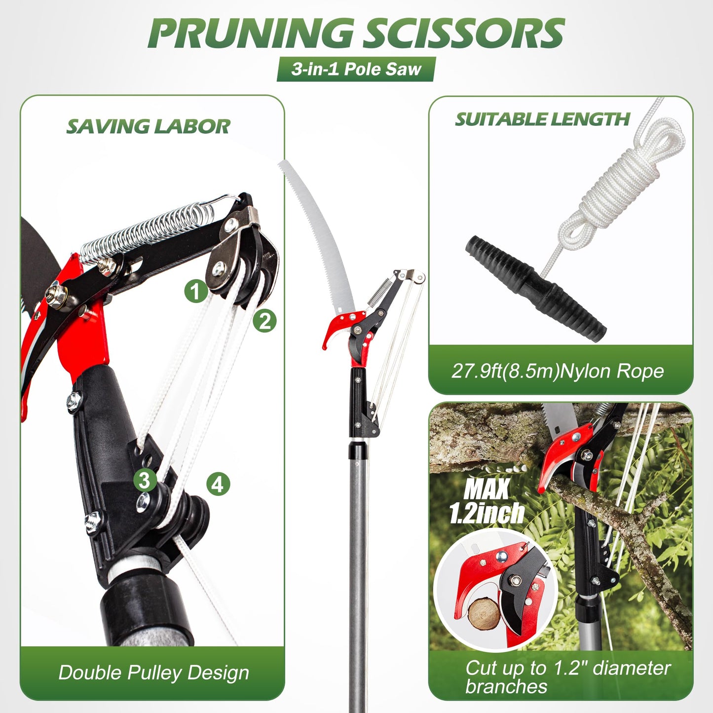 Walensee Pole Saws for Tree Trimming, Extendable Tree Pruner,Manual Branch Timmer with Blade and Scissors High Branches Pruning Fiberglass Pole Pruner and Cutter Garden Tool with Storage Bag 7.2-27FT