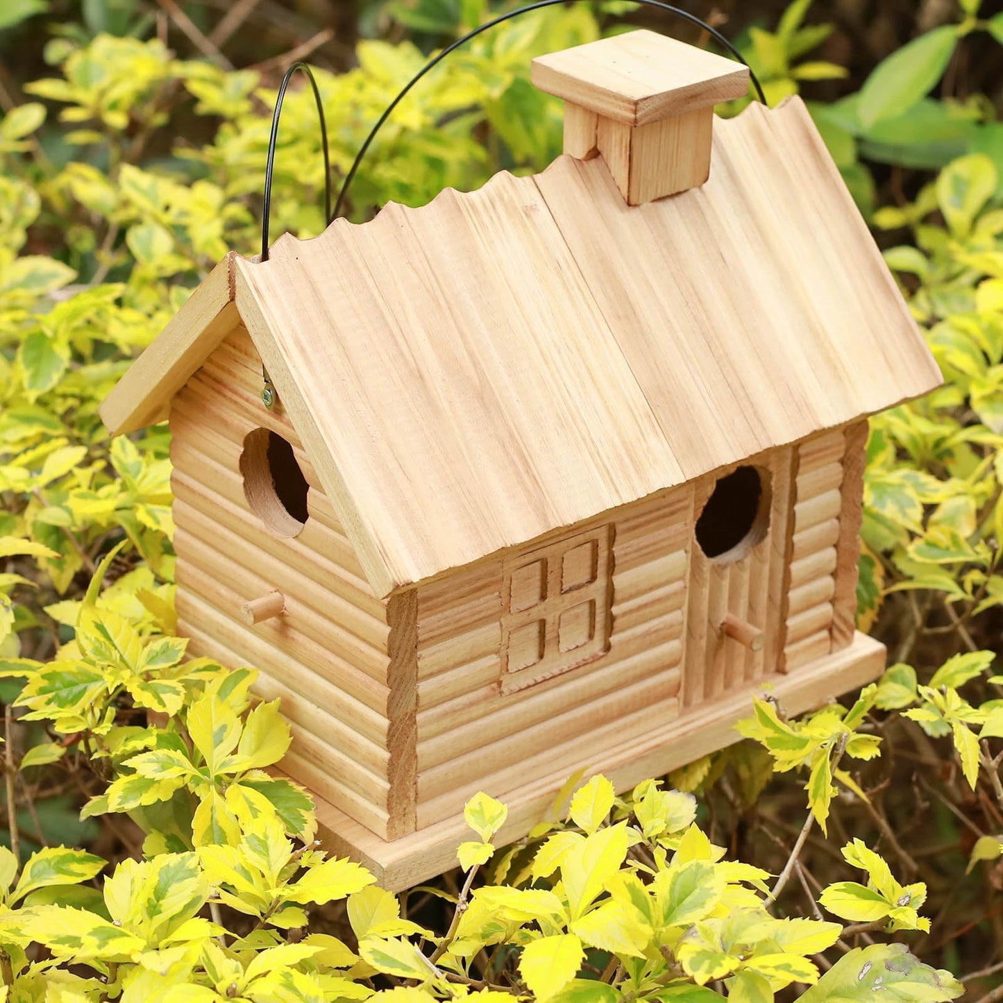 STARSWR Bird House Outside,Outdoor Bird Houses, Natural Wooden Bird Hut Clearance 2 Hole Bluebird Finch Cardinals 2 Rooms Hanging Birdhouse for Garden Viewing