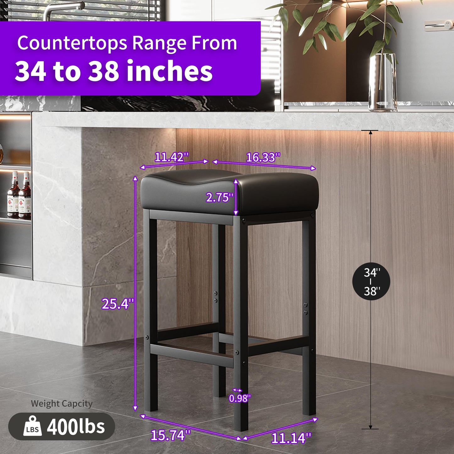 ZYFFHYLAI Bar Stools Set of 2, 24 Inch Backless Counter Height Bar Stools with Soft Faux Leather Seat, 300 LB Heavy Duty Padded Saddle Barstool Chairs for Modern Kitchen Island Counter (Black)