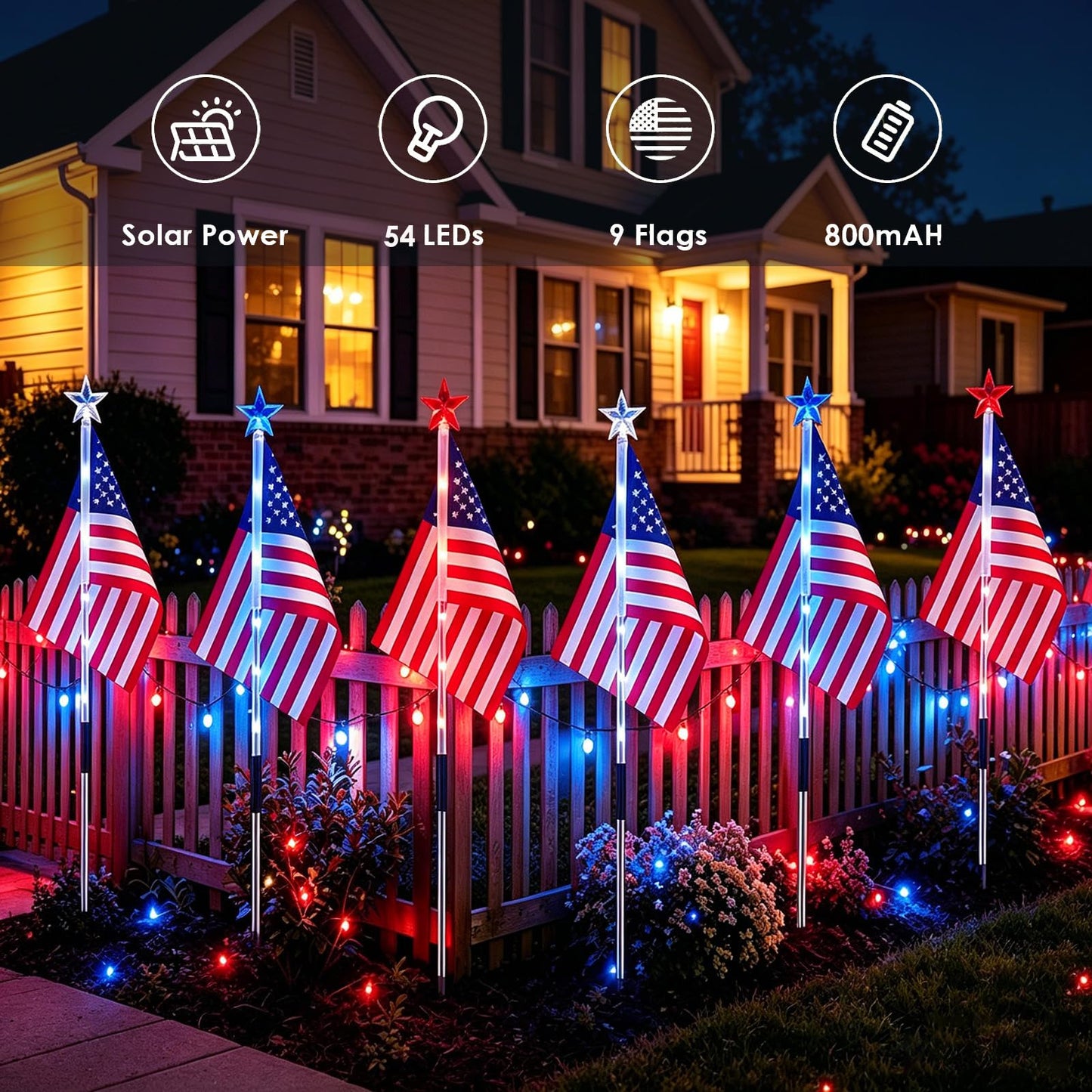 American Flag for Outside 4th of July Decorations, 9-Pack Solar Red White Blue Lights for Garden Yard Pathway, Waterproof Patriotic Decorations for 250th Anniversary, Memorial Day, Independence Day