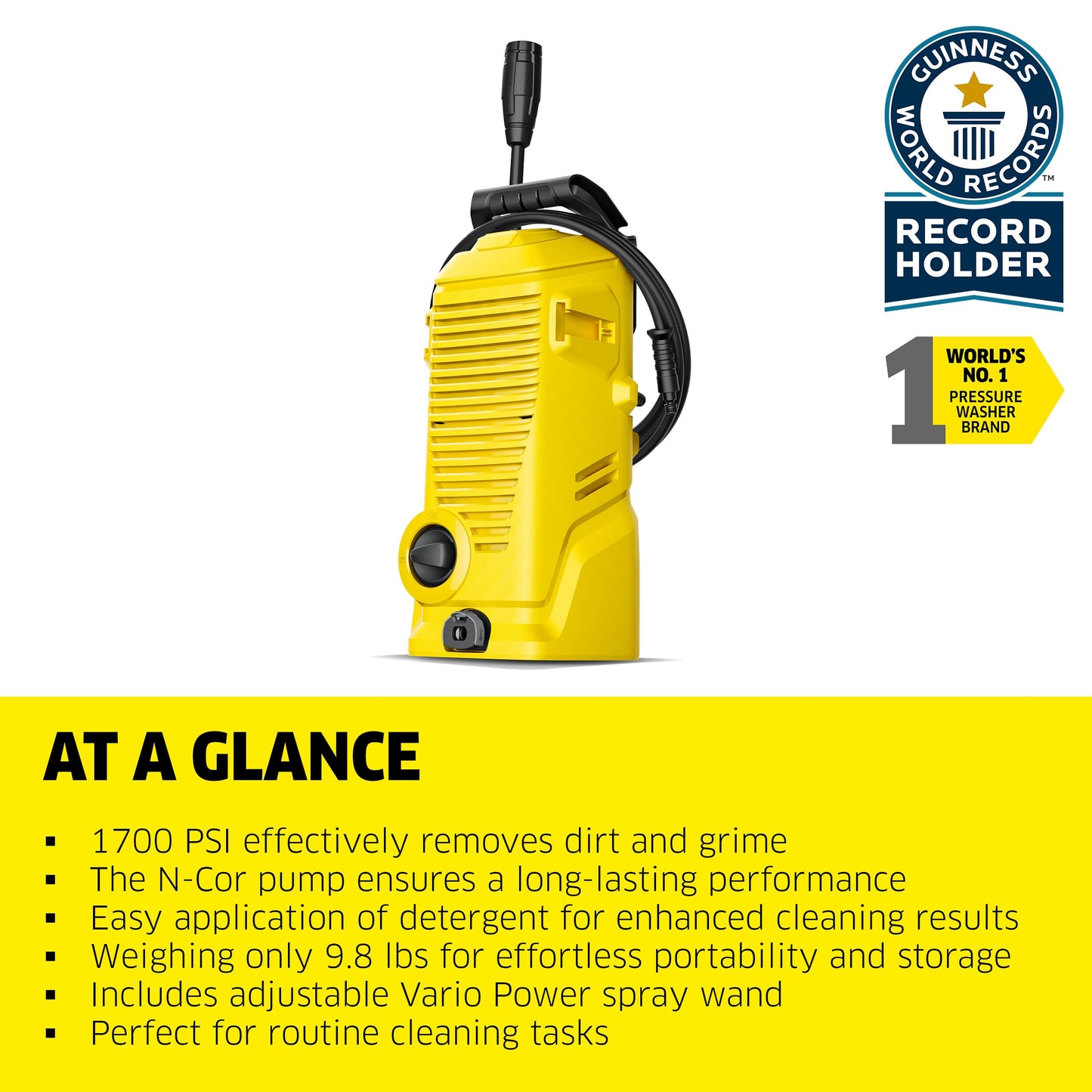 Kärcher Pressure Washer K 1, Max 1.45 GPM, 1700 PSI, Trigger Spray Gun & Vario Power Spray Wand - for Cars, Bikes, Deck, Driveways, Siding, Patios