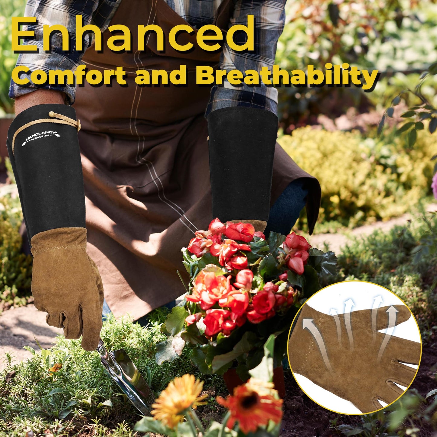 HANDLANDY Long Gardening Gloves for Men & Women, Pigskin Leather Rose Pruning Gloves, Breathable Thorn Proof Gauntlet Glove (Coffee Brown, M)