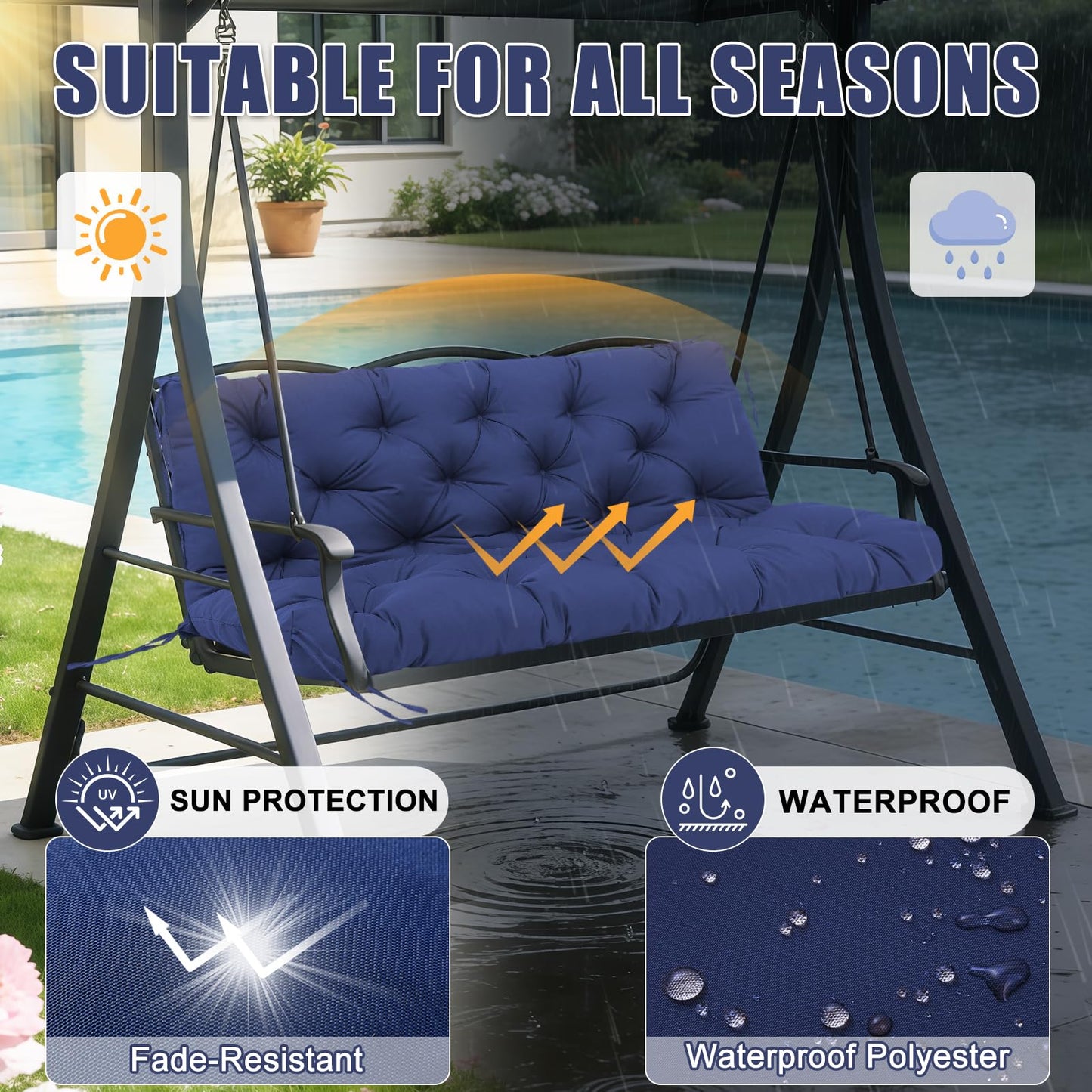 Mokoey Porch Swing Cushions 60 inch Bench Cushion Waterproof Outdoor Swing Cushions 3 Seater Thick 5in Replacement Swing Cushions for Outdoor Furniture Patio (Navy Blue-60x40inch)