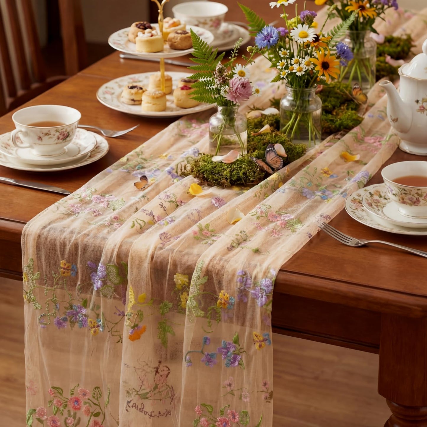 Windkream Champagne Floral Table Runner 10ft Embroidery Tulle Spring Wildflower Table Runner Seasonal Summer Butterfly Kitchen Dining Gauze Decoration for Wedding Baby Shower Birthday Party (1 Pcs)