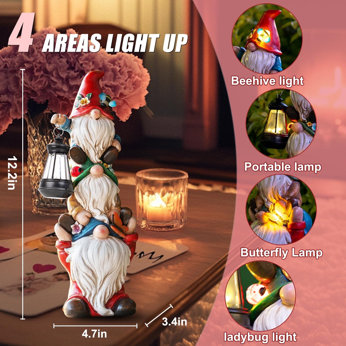 twinbling Garden Gnome Statue with Solar Lights Garden Sculptures Funny Triple Gnome Outdoor Patio Lawn Yard Balcony Home Decor Birthday Gift for Mom Woman Grandma 12 in Mothers Day Gnomes